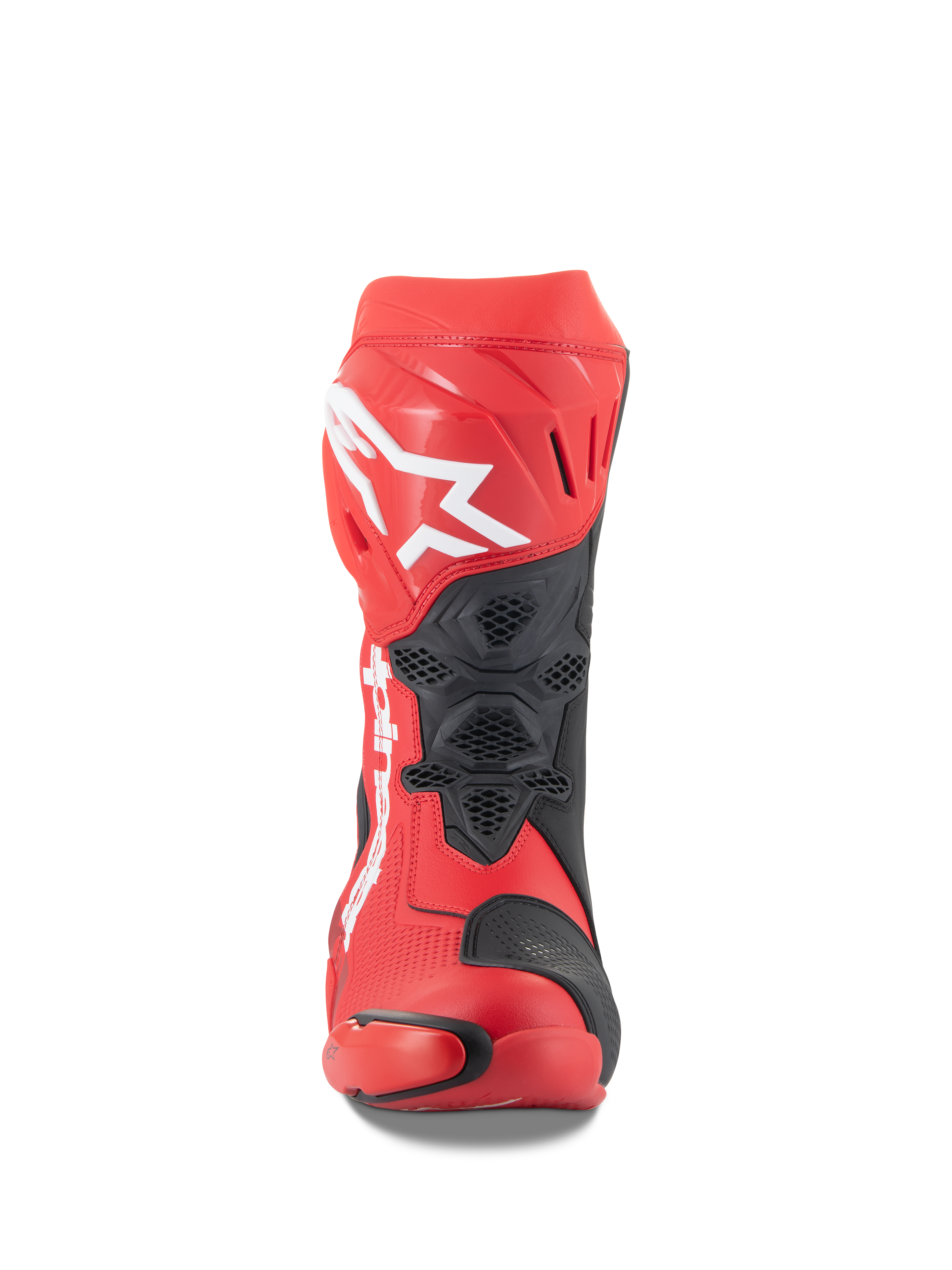 Bottes Alpinestars Supertech R, rouge éclatant et rouge fluo, vue de face avec un grand logo Astars blanc sur le protège-tibia, panneaux de ventilation en mesh noir, design racing technique pour la performance sur circuit moto