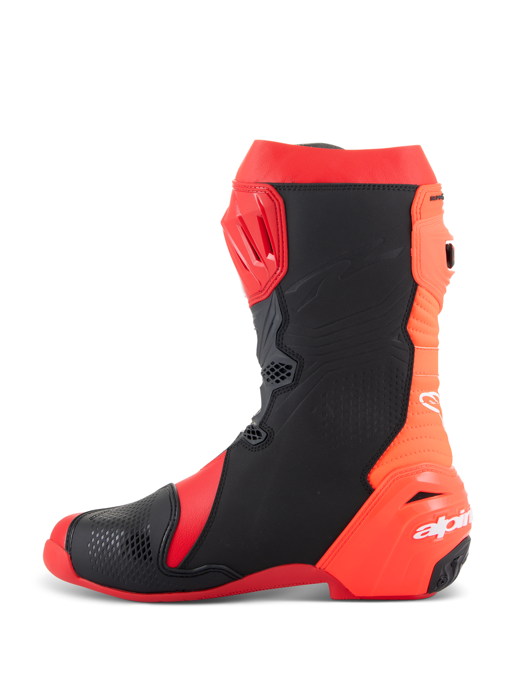 Bottes Alpinestars Supertech R, bottes de course moto professionnelles, rouge vif et rouge fluo avec panneaux noirs, vue de profil montrant la plaque tibiale en TPU, conception arrière flexible en accordéon et logo Alpinestars blanc sur le talon