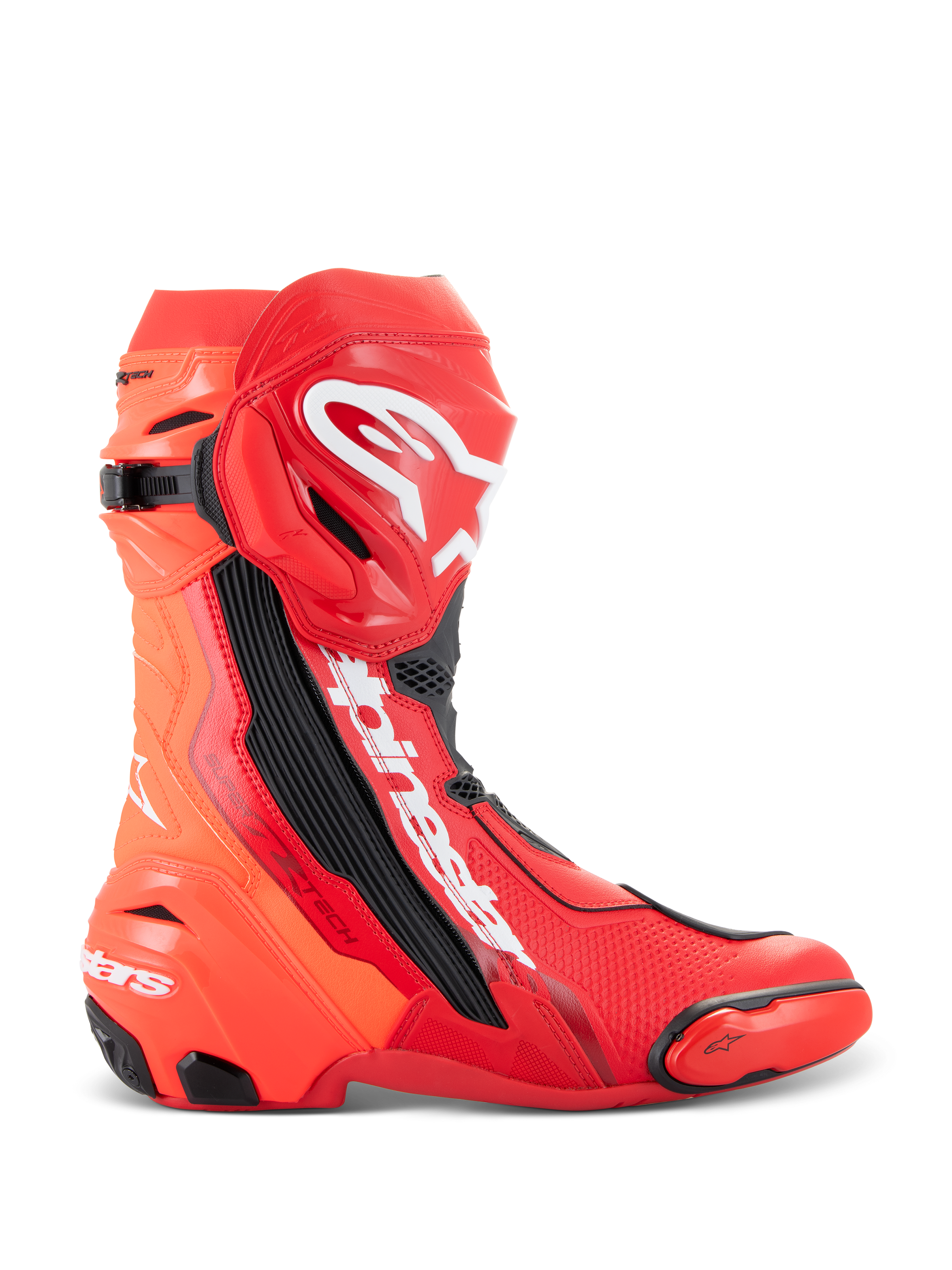 Alpinestars Supertech R Boots, Racing Motorcycle Boots, Bright Red and Red Fluo, side profile view featuring white Alpinestars logo, TPU shin plate, and replaceable toe slider.