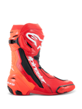 Bottes Alpinestars Supertech R, bottes de course moto, rouge éclatant et rouge fluo, conception haute performance pour la piste avec plaque de tibia en TPU, slider d'orteil remplaçable et logo Alpinestars blanc, vue de profil