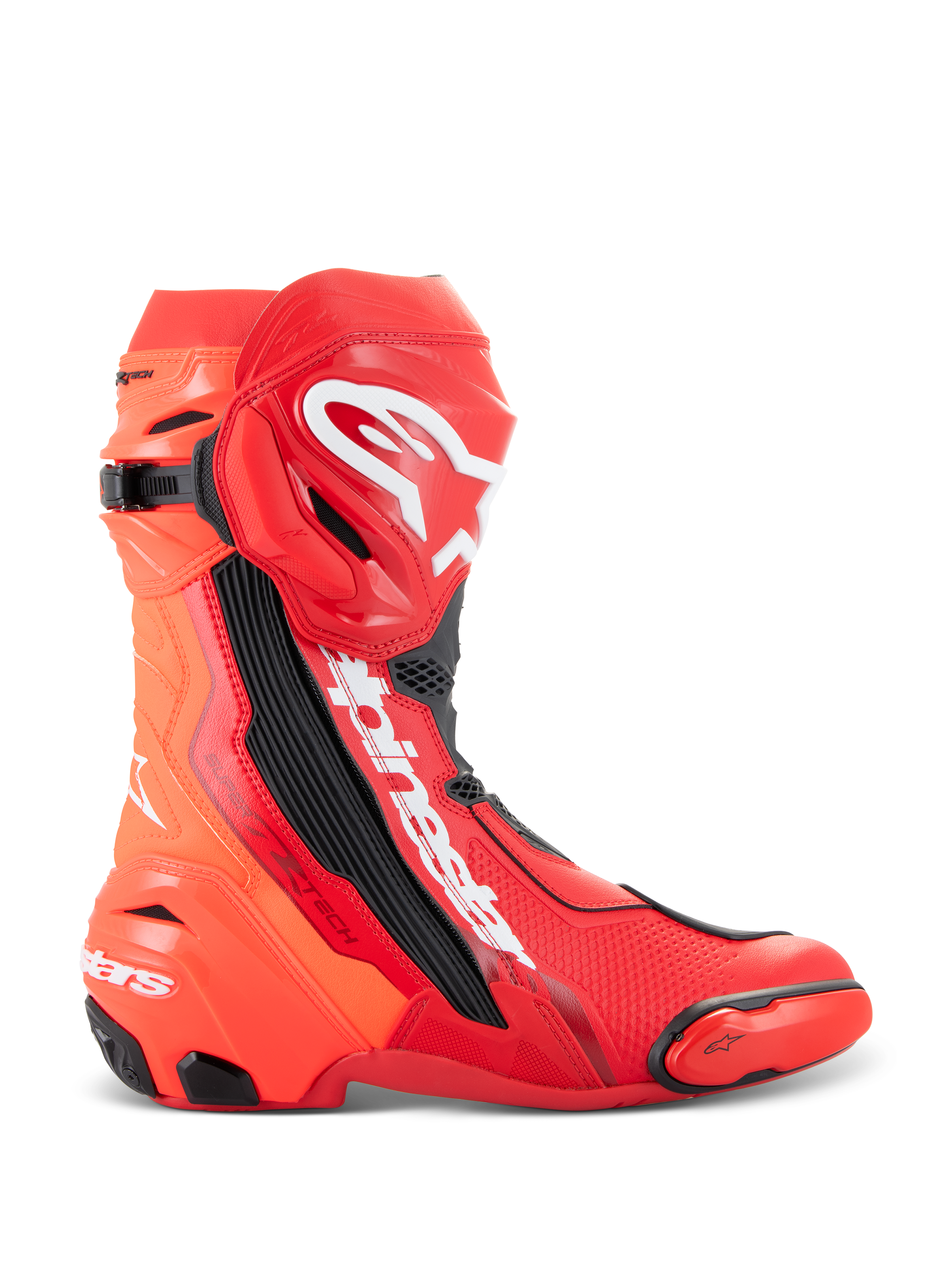 Bottes Alpinestars Supertech R, bottes de course moto, rouge éclatant et rouge fluo, conception haute performance pour la piste avec plaque de tibia en TPU, slider d'orteil remplaçable et logo Alpinestars blanc, vue de profil