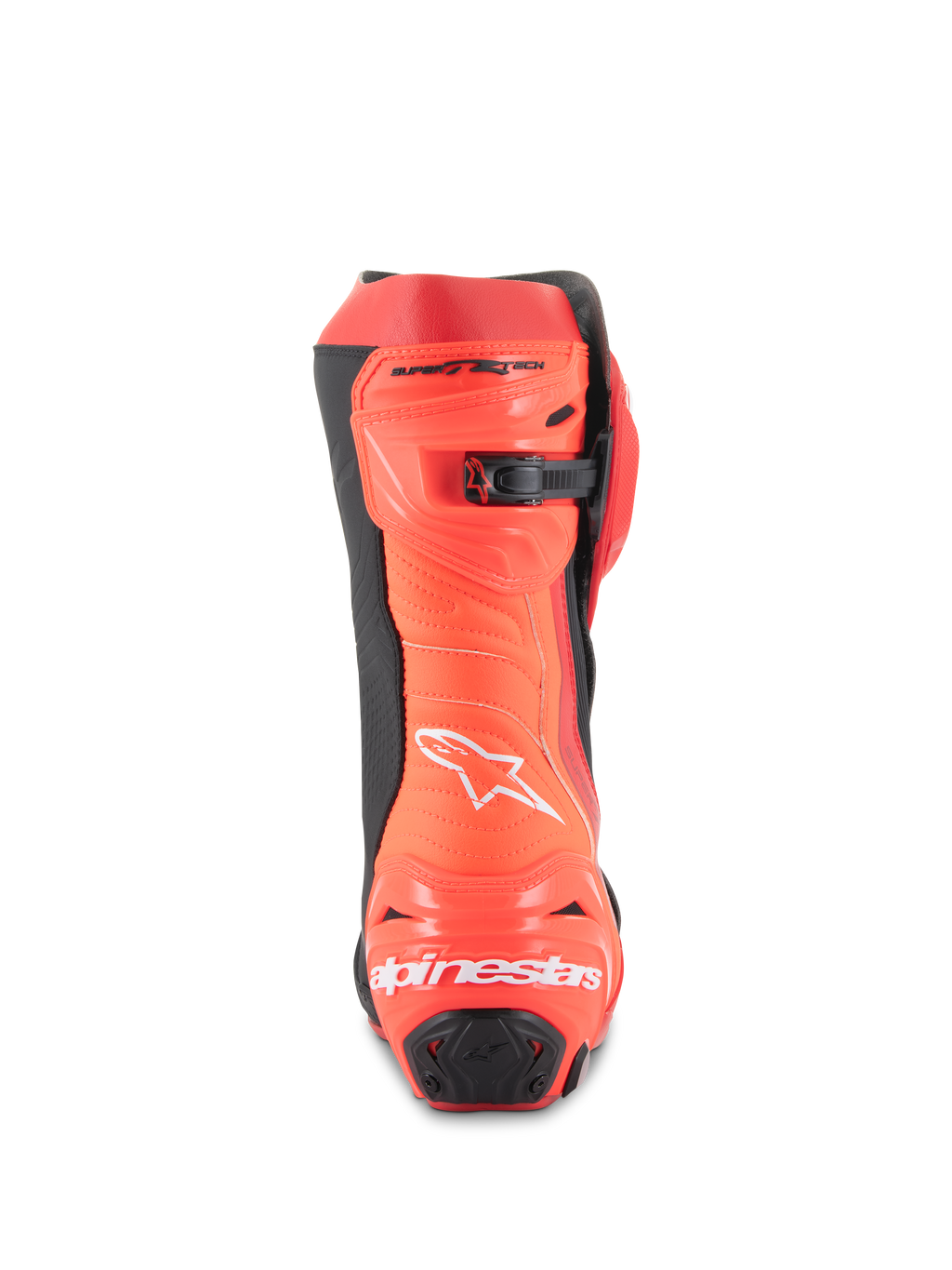 Bottes Alpinestars Supertech R, bottes de course moto, rouge vif et rouge fluo, vue arrière montrant la protection du talon avec logo blanc, détails noirs et fermeture à cliquet micrométrique au mollet.