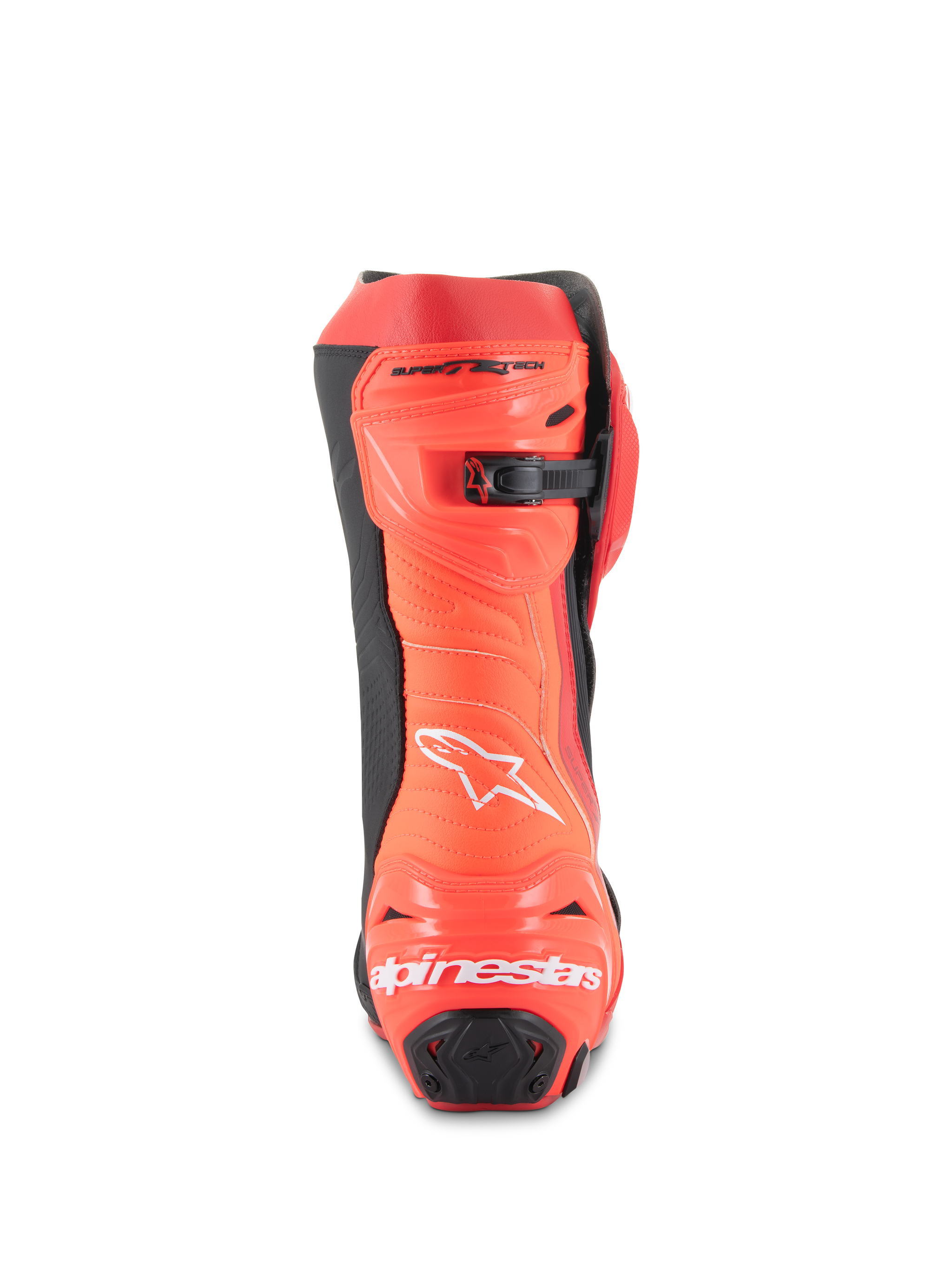 Alpinestars Supertech R Boots, Motorcycle Racing Boots, Bright Red and Red Fluo, rear view showing the heel protector with white branding, black accents, and micro-adjustable ratchet closure at the calf.