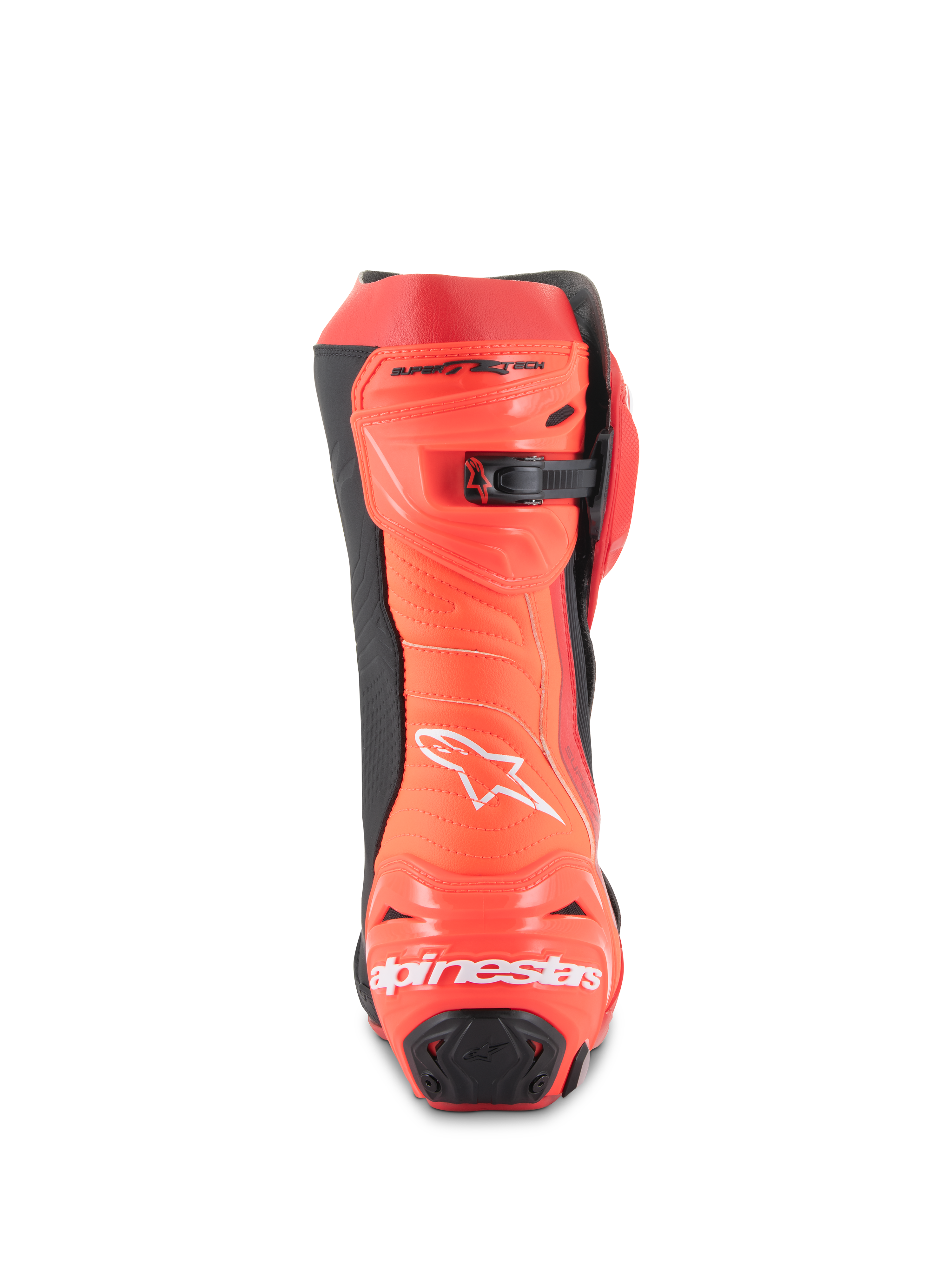Bottes Alpinestars Supertech R, bottes de course moto, rouge vif et rouge fluo, vue arrière montrant la protection du talon avec logo blanc, détails noirs et fermeture à cliquet micrométrique au mollet.