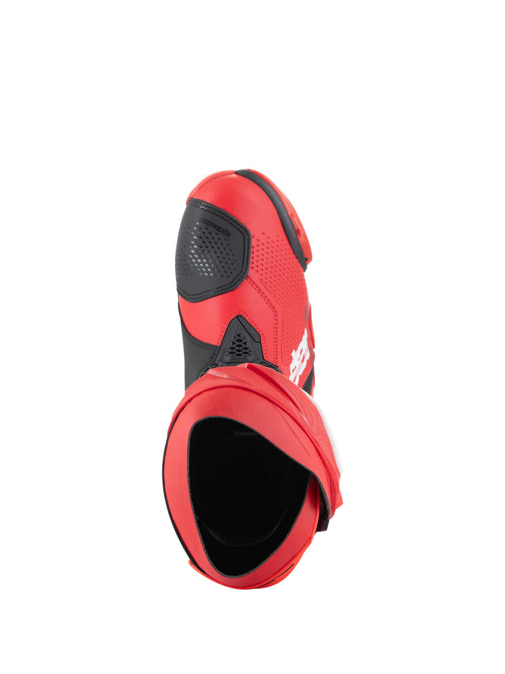 Bottes Alpinestars Supertech R, bottes de course moto, rouge vif et rouge fluo, vue de dessus montrant l'ouverture intérieure et le renfort de sélecteur noir, design performant et épuré pour la piste et la route