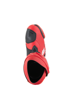 Bottes Alpinestars Supertech R, bottes de course moto, rouge vif et rouge fluo, vue de dessus montrant l'ouverture intérieure et le renfort de sélecteur noir, design performant et épuré pour la piste et la route