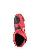 Alpinestars Supertech R Boots, Motorcycle Racing Boots, Bright Red and Red Fluo, top-down perspective showing the interior opening and black shifter pad, sleek performance design for track and road