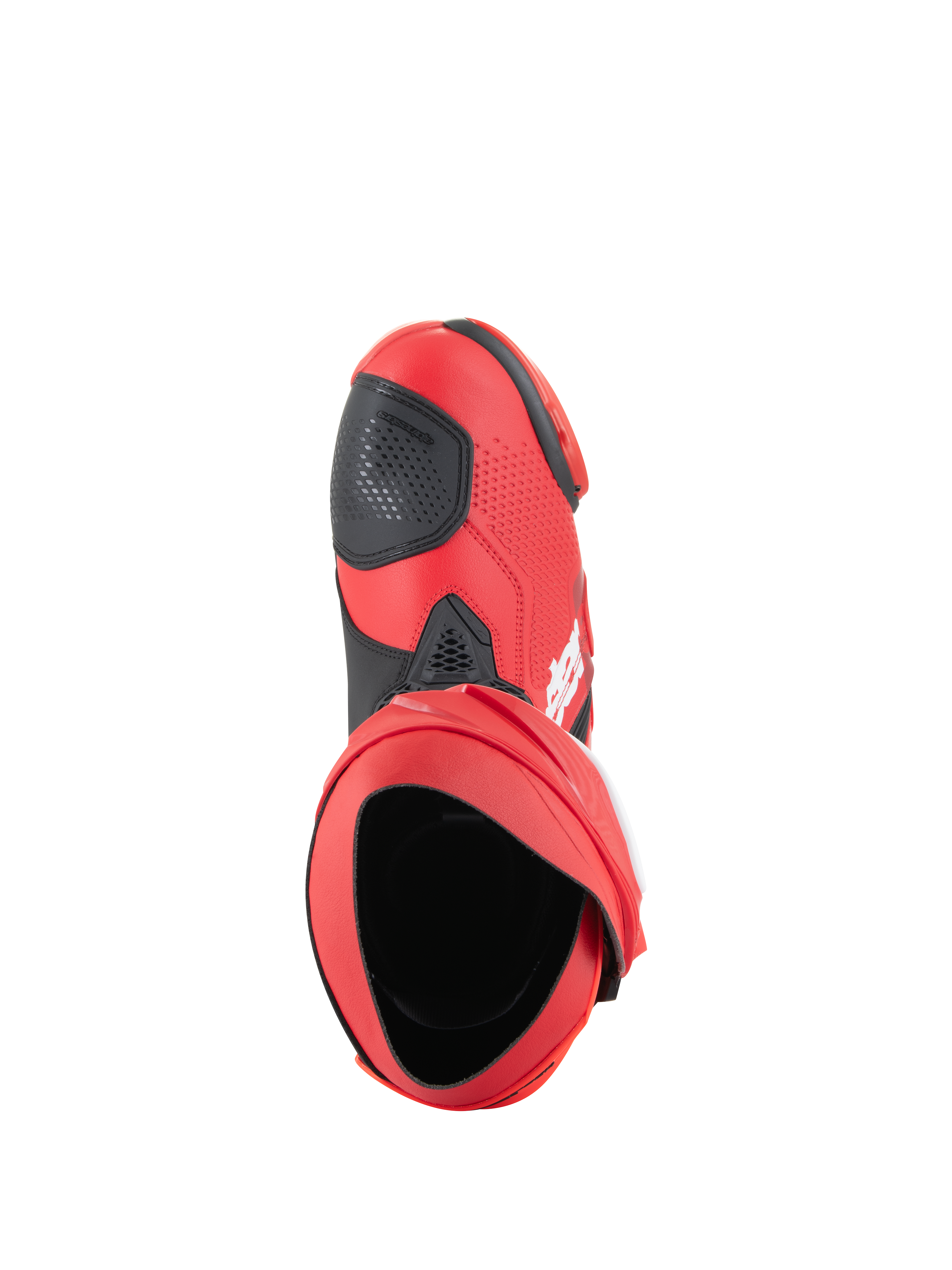 Bottes Alpinestars Supertech R, bottes de course moto, rouge vif et rouge fluo, vue de dessus montrant l'ouverture intérieure et le renfort de sélecteur noir, design performant et épuré pour la piste et la route