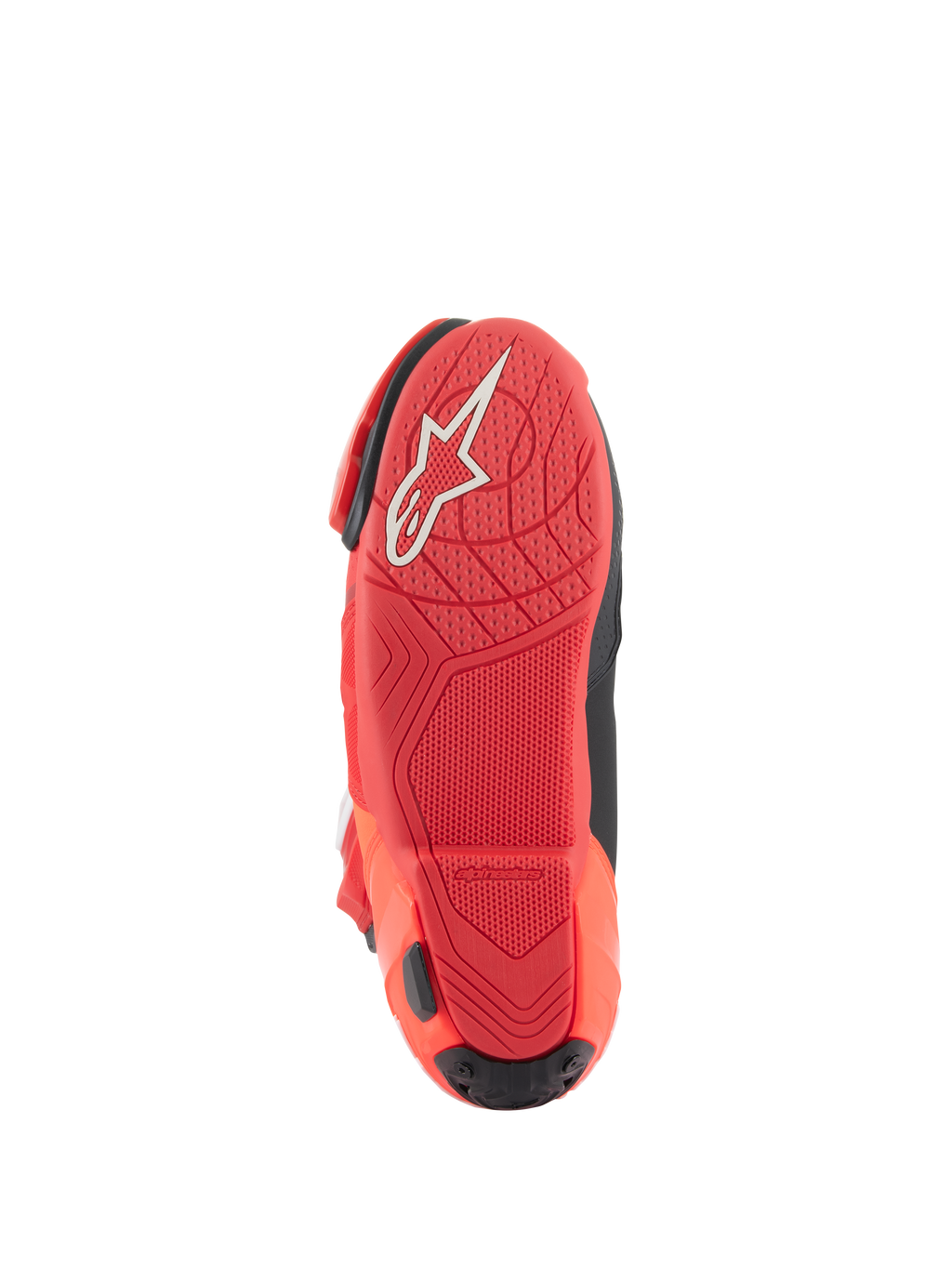 Bottes Alpinestars Supertech R, bottes de course moto, rouge vif et rouge fluo, vue de la semelle avec motif d'adhérence texturé et logo Alpinestars blanc