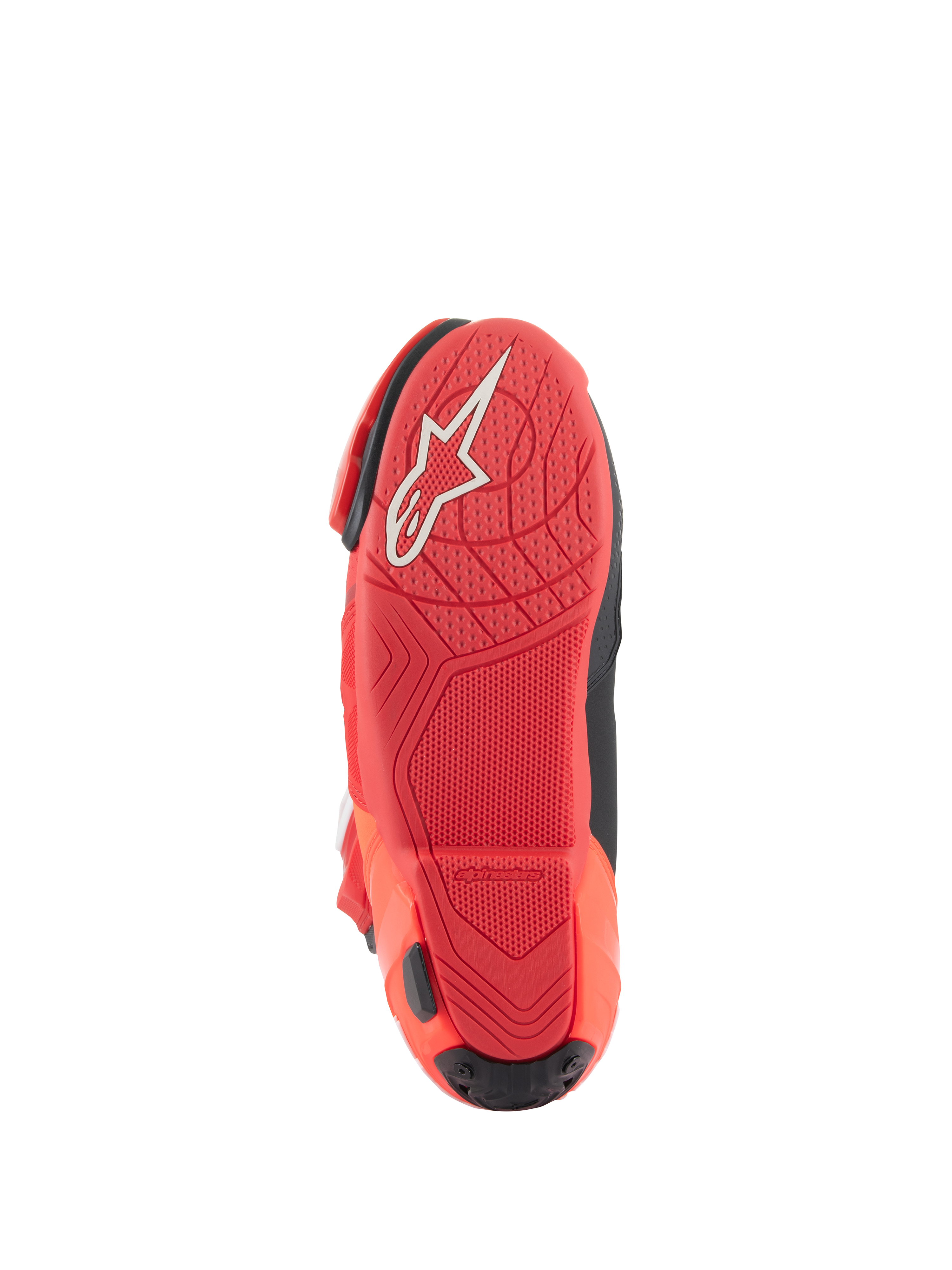 Bottes Alpinestars Supertech R, bottes de course moto, rouge vif et rouge fluo, vue de la semelle avec motif d'adhérence texturé et logo Alpinestars blanc