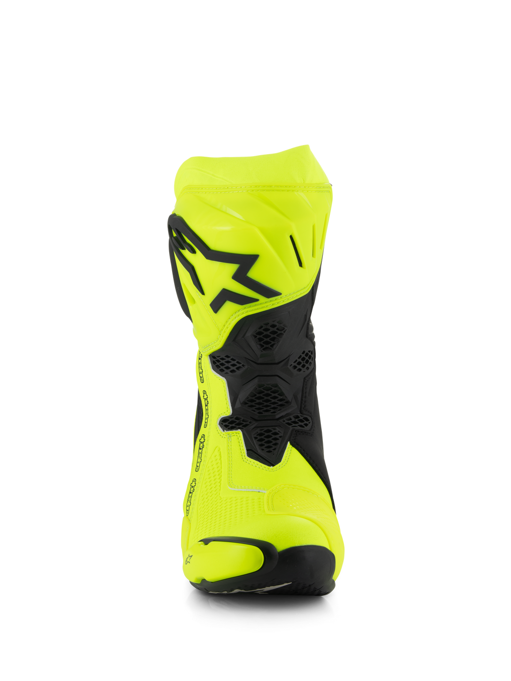 Bottes Alpinestars Supertech R, bottes de course moto, jaune fluo et noir, vue de face montrant le logo étoile noir sur la plaque tibiale, zones de flexion à texture en nid d'abeille et design profilé pour la course haute performance.