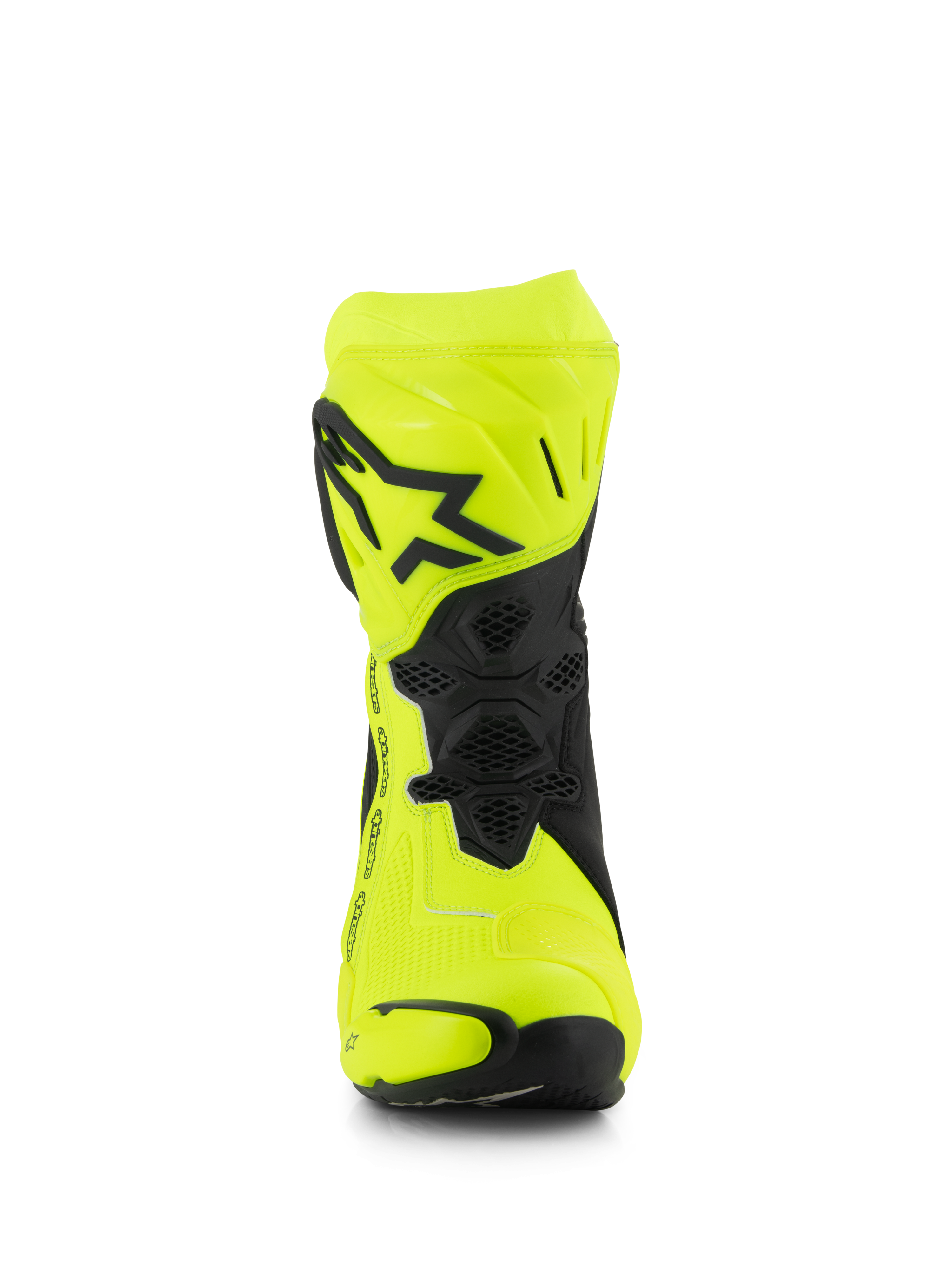 Bottes Alpinestars Supertech R, bottes de course moto, jaune fluo et noir, vue de face montrant le logo étoile noir sur la plaque tibiale, zones de flexion à texture en nid d'abeille et design profilé pour la course haute performance.