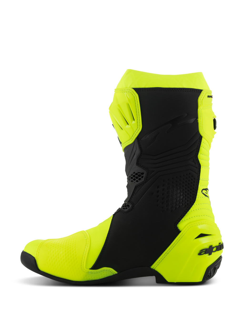 Bottes Alpinestars Supertech R, bottes de course moto, jaune fluo et noir, profil latéral avec protection renforcée du tibia et du talon, design ergonomique épuré avec panneaux perforés et logo sur le talon.