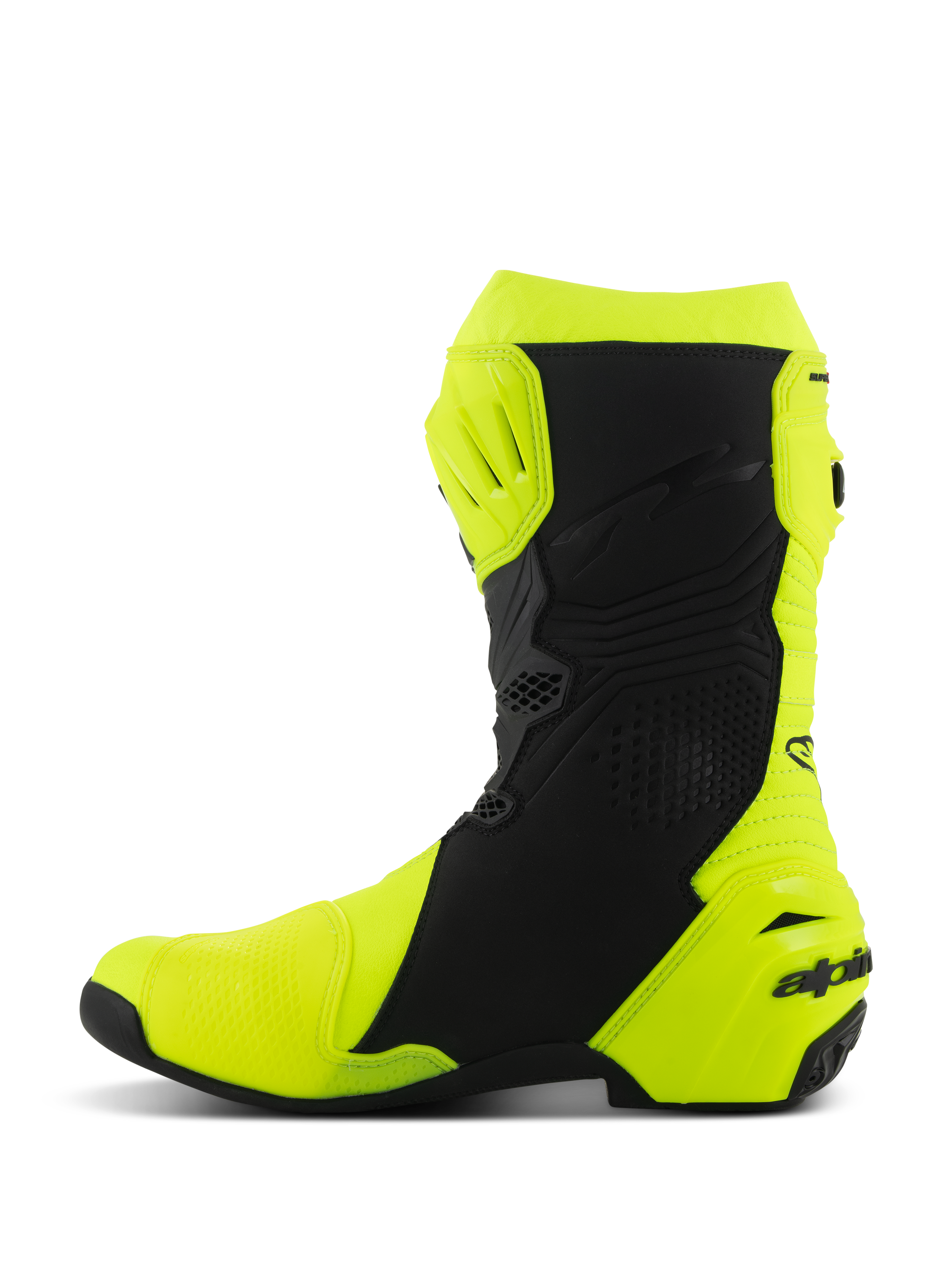 Bottes Alpinestars Supertech R, bottes de course moto, jaune fluo et noir, profil latéral avec protection renforcée du tibia et du talon, design ergonomique épuré avec panneaux perforés et logo sur le talon.