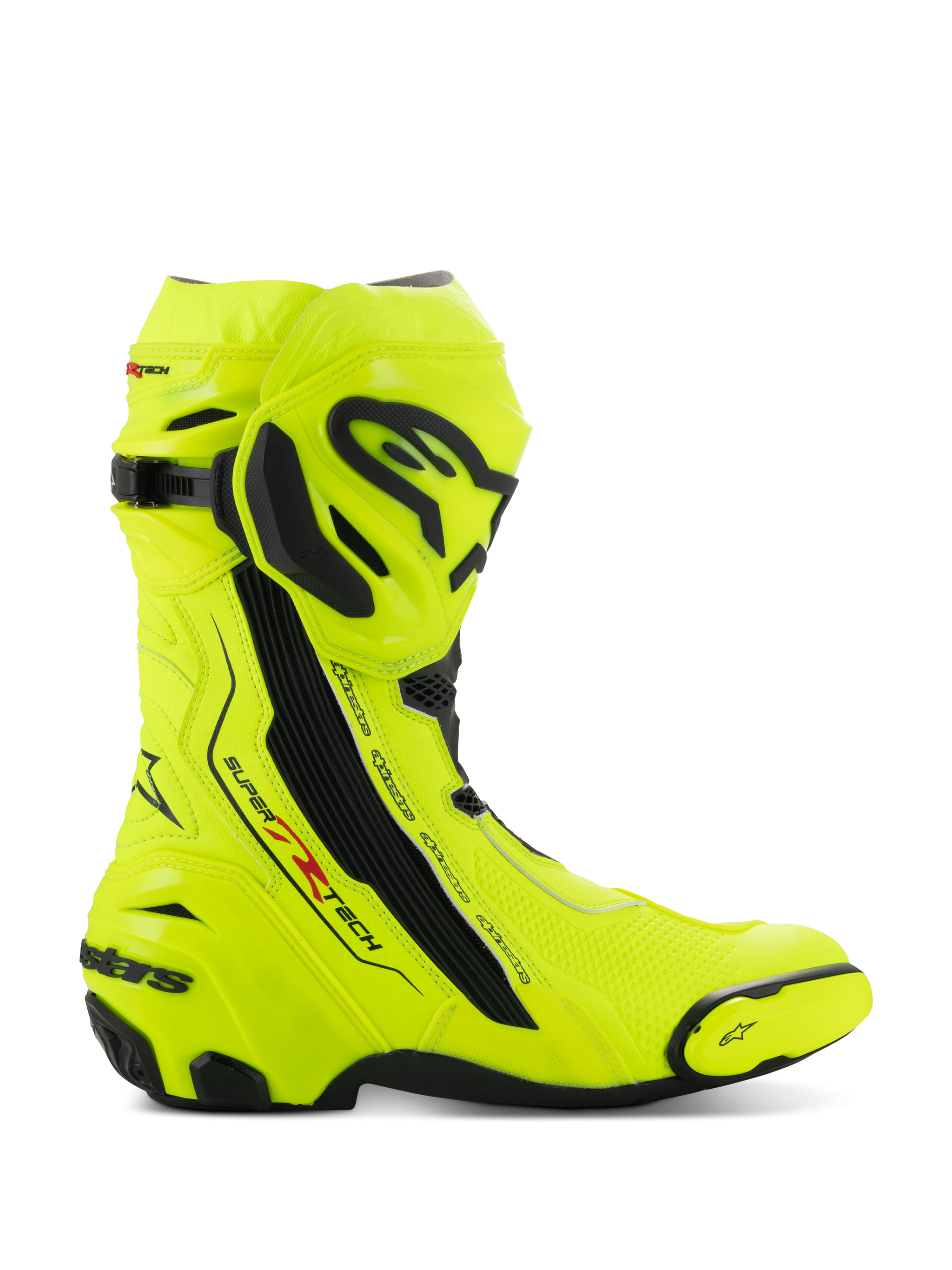 Bottes Alpinestars Supertech R, bottes de course moto, jaune fluo et noir, vue latérale présentant un jaune fluorescent haute visibilité avec des plaques de protection noires, logo Alpinestars sur le tibia et le talon, profil aérodynamique épuré pour une conduite haute performance