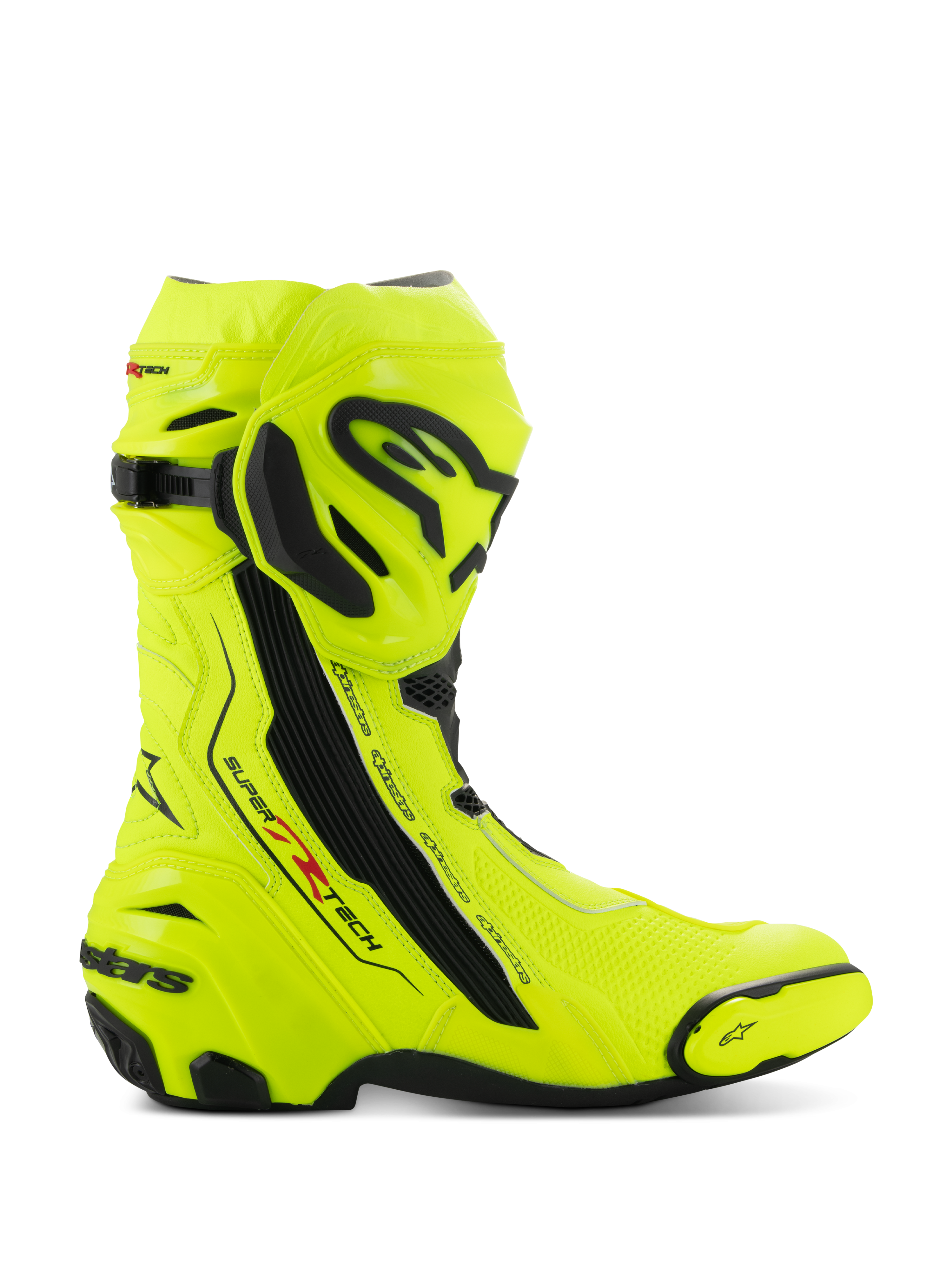 Bottes Alpinestars Supertech R, bottes de course moto, jaune fluo et noir, vue latérale présentant un jaune fluorescent haute visibilité avec des plaques de protection noires, logo Alpinestars sur le tibia et le talon, profil aérodynamique épuré pour une conduite haute performance