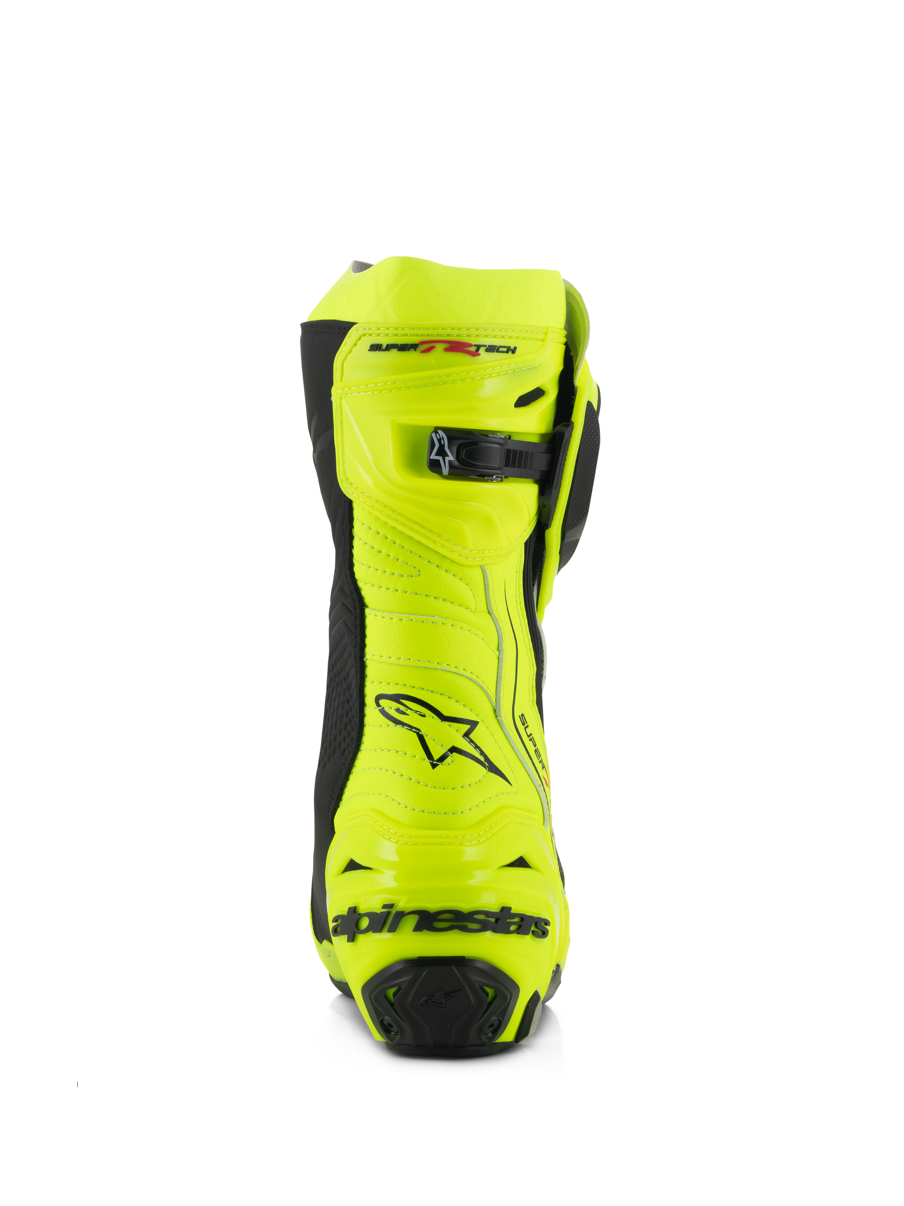 Bottes Alpinestars Supertech R, bottes de course de moto, jaune fluo et noir, vue arrière présentant une protection de talon renforcée, une fermeture réglable au mollet et un marquage distinctif, finition fluorescente haute visibilité pour la performance sur piste et sur route