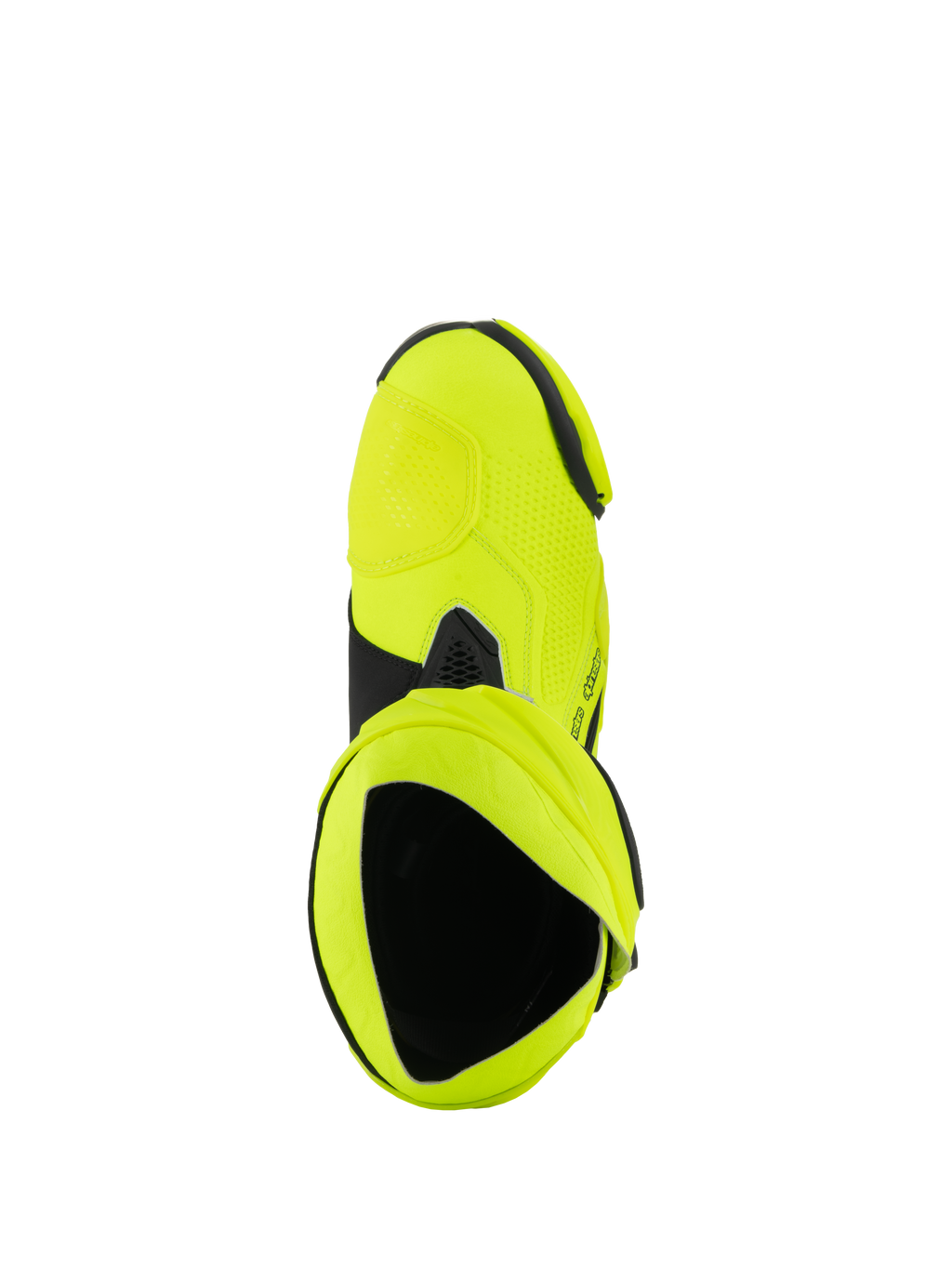 Alpinestars Supertech R Boots, bottes de course moto, jaune fluo et noir, vue de dessus de l'intérieur de la botte, finition jaune néon éclatante avec accents noirs et détails de la guêtre