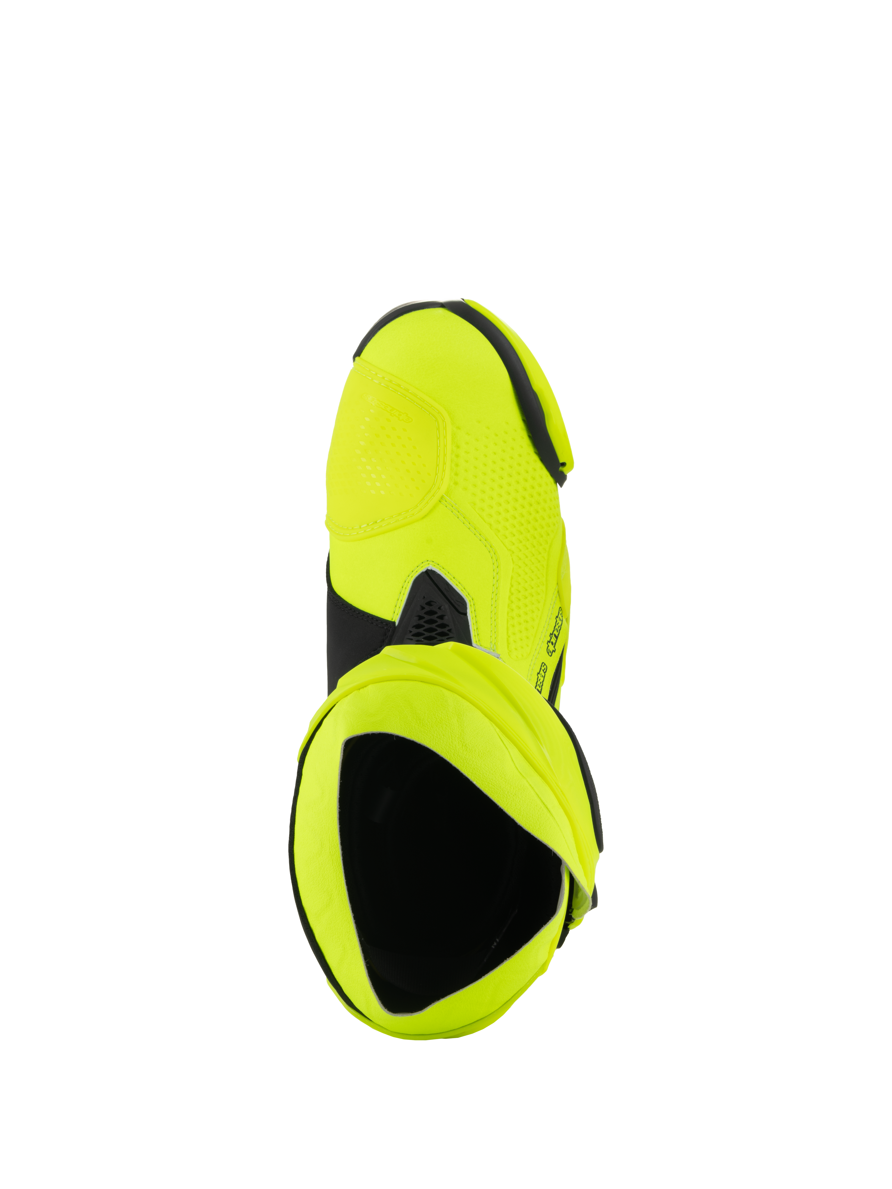 Alpinestars Supertech R Boots, bottes de course moto, jaune fluo et noir, vue de dessus de l'intérieur de la botte, finition jaune néon éclatante avec accents noirs et détails de la guêtre