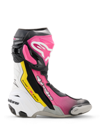Bottes Alpinestars Supertech R, bottes de moto de course haute performance en noir, magenta, blanc et jaune fluo, profil latéral avec protection en TPU, slider d'orteil remplaçable et design de course ergonomique.
