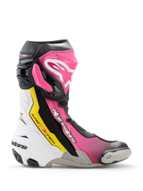 Bottes Alpinestars Supertech R, bottes de moto de course haute performance en noir, magenta, blanc et jaune fluo, profil latéral avec protection en TPU, slider d'orteil remplaçable et design de course ergonomique.
