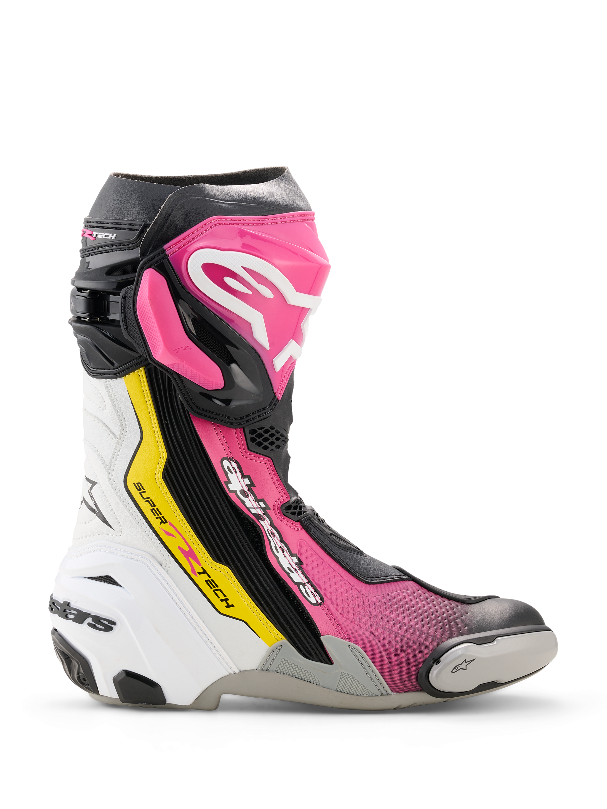 Bottes Alpinestars Supertech R, bottes de moto de course haute performance en noir, magenta, blanc et jaune fluo, profil latéral avec protection en TPU, slider d'orteil remplaçable et design de course ergonomique.