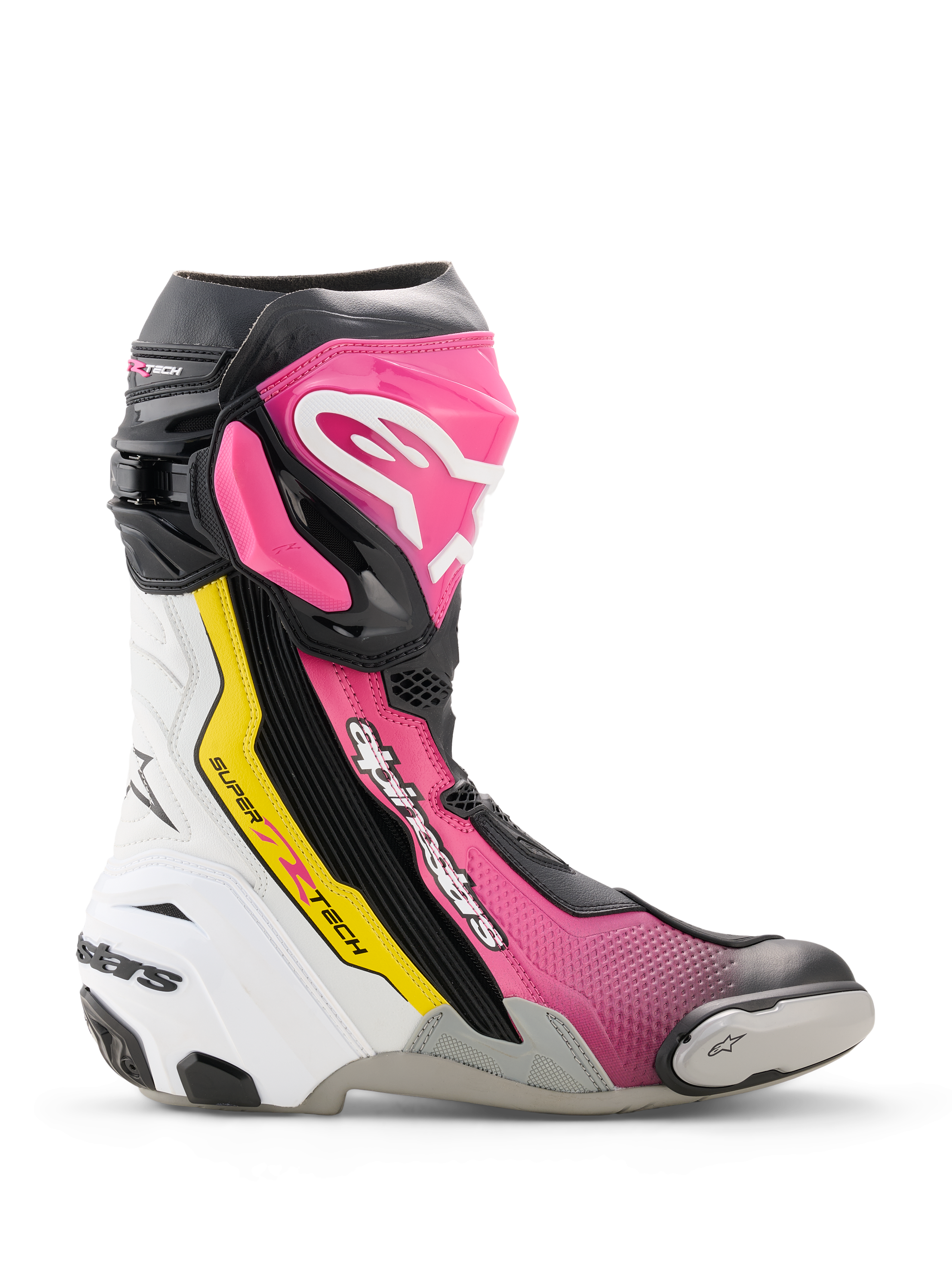 Bottes Alpinestars Supertech R, bottes de moto de course haute performance en noir, magenta, blanc et jaune fluo, profil latéral avec protection en TPU, slider d'orteil remplaçable et design de course ergonomique.