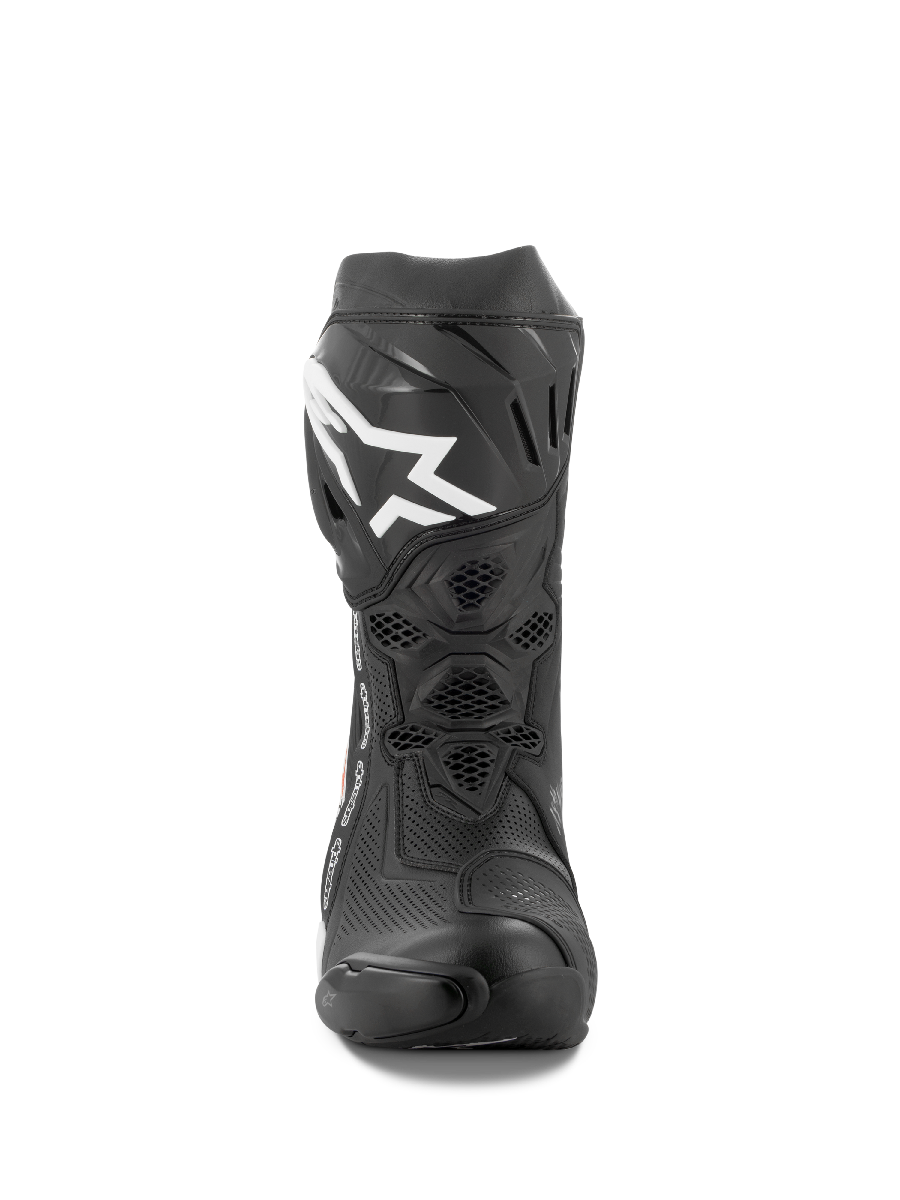 Bottes Alpinestars Supertech R Vented, bottes de course moto, noir et blanc, vue de face montrant la construction en microfibre perforée, logo Alpinestars blanc sur la plaque de tibia et protection durable en TPU