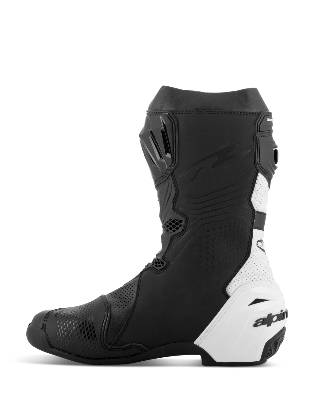 Bottes Alpinestars Supertech R Vented, bottes de moto de course, noir et blanc, vue du côté médial, perforations étendues pour la circulation de l'air, panneaux en microfibre synthétique blanche, renforts en TPU et profil aérodynamique élégant pour la course sur piste.
