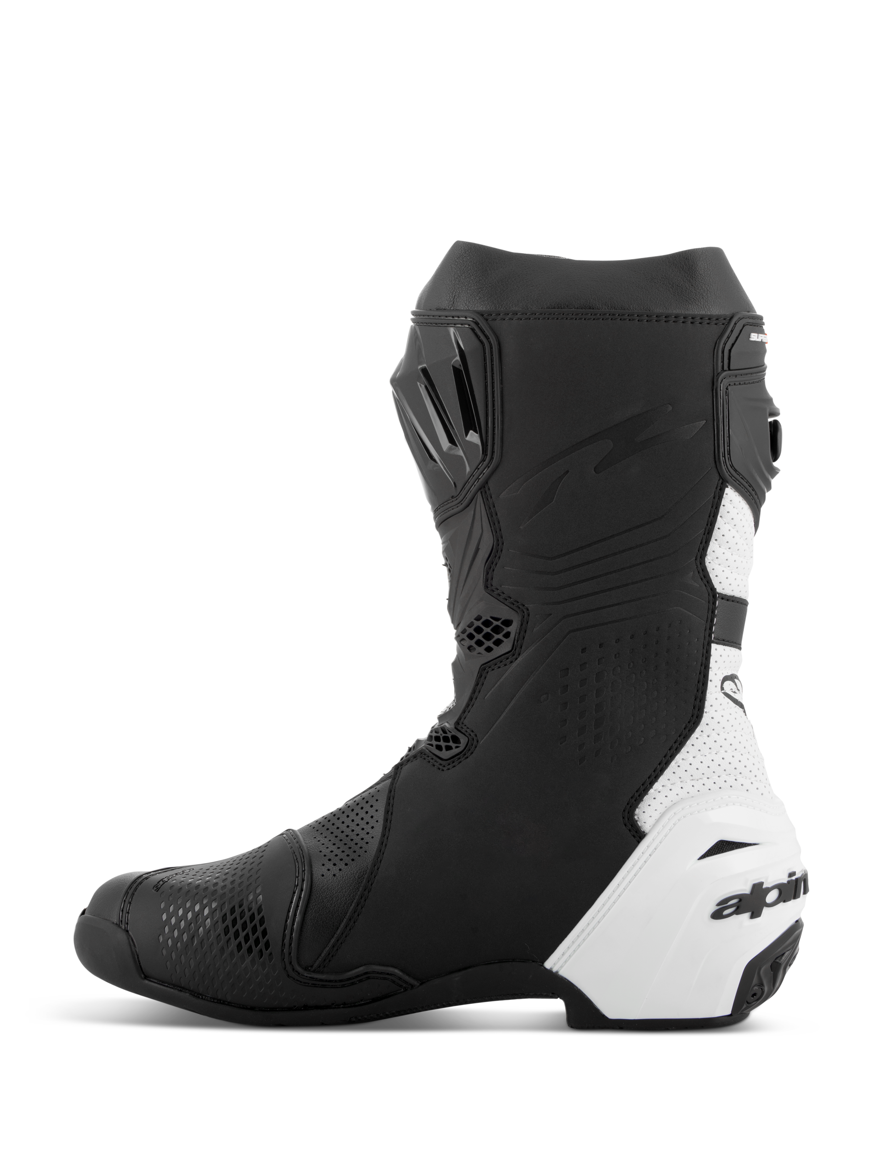 Bottes Alpinestars Supertech R Vented, bottes de moto de course, noir et blanc, vue du côté médial, perforations étendues pour la circulation de l'air, panneaux en microfibre synthétique blanche, renforts en TPU et profil aérodynamique élégant pour la course sur piste.