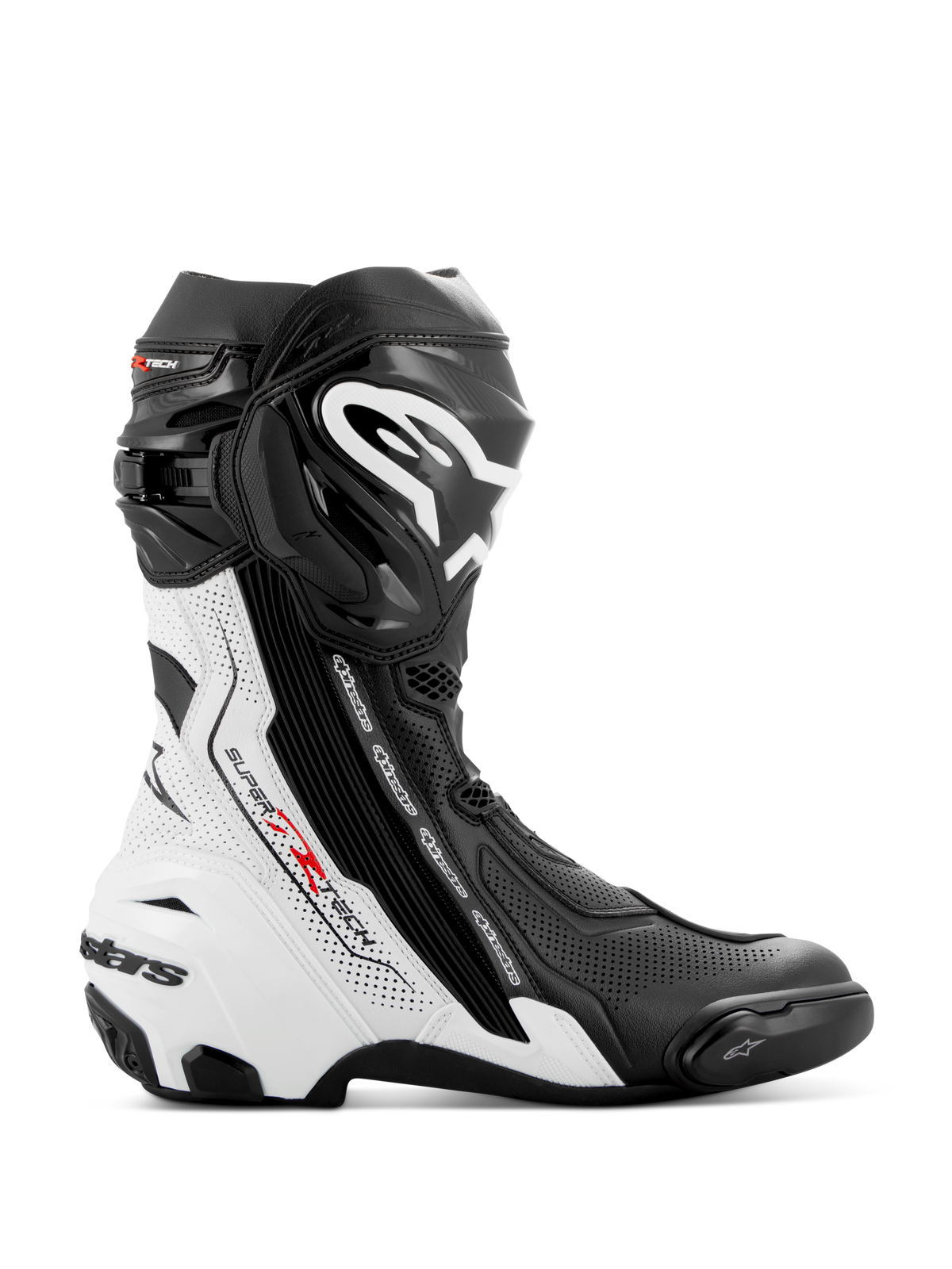 Alpinestars Supertech R Vented Boots, Motorcycle Racing Boots, Black and White with Red Accents, side profile featuring extensive perforations for breathability, large white logo on the shin, and protective TPU sliders.