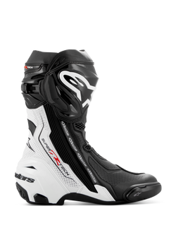 Alpinestars Supertech R Vented Boots, Motorcycle Racing Boots, Black and White with Red Accents, side profile featuring extensive perforations for breathability, large white logo on the shin, and protective TPU sliders.