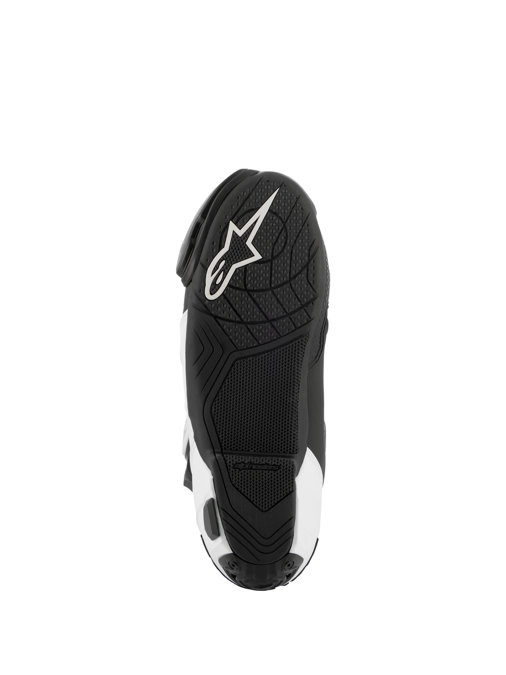 Bottes Alpinestars Supertech R Vented, bottes de course moto, noir et blanc, vue de dessous de la semelle présentant un grip en caoutchouc texturé et le logo Alpinestars blanc