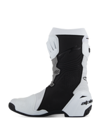 Bottes Alpinestars Supertech R Vented, chaussures de moto racing et sport, blanc, gris moyen et noir, vue de profil du côté médial avec microfibre perforée pour la circulation de l'air, panneaux de protection noirs et contrefort de talon en TPU blanc avec logo