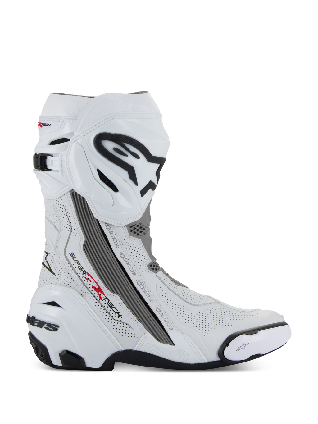 Bottes Alpinestars Supertech R Vented, bottes de course moto, blanches avec des accents gris moyen et noirs, vue de profil montrant les panneaux en microfibre perforés pour la circulation de l'air, grand logo Alpinestars noir et blanc sur le tibia, design aérodynamique avec sliders remplaçables et semelle en caoutchouc noir.
