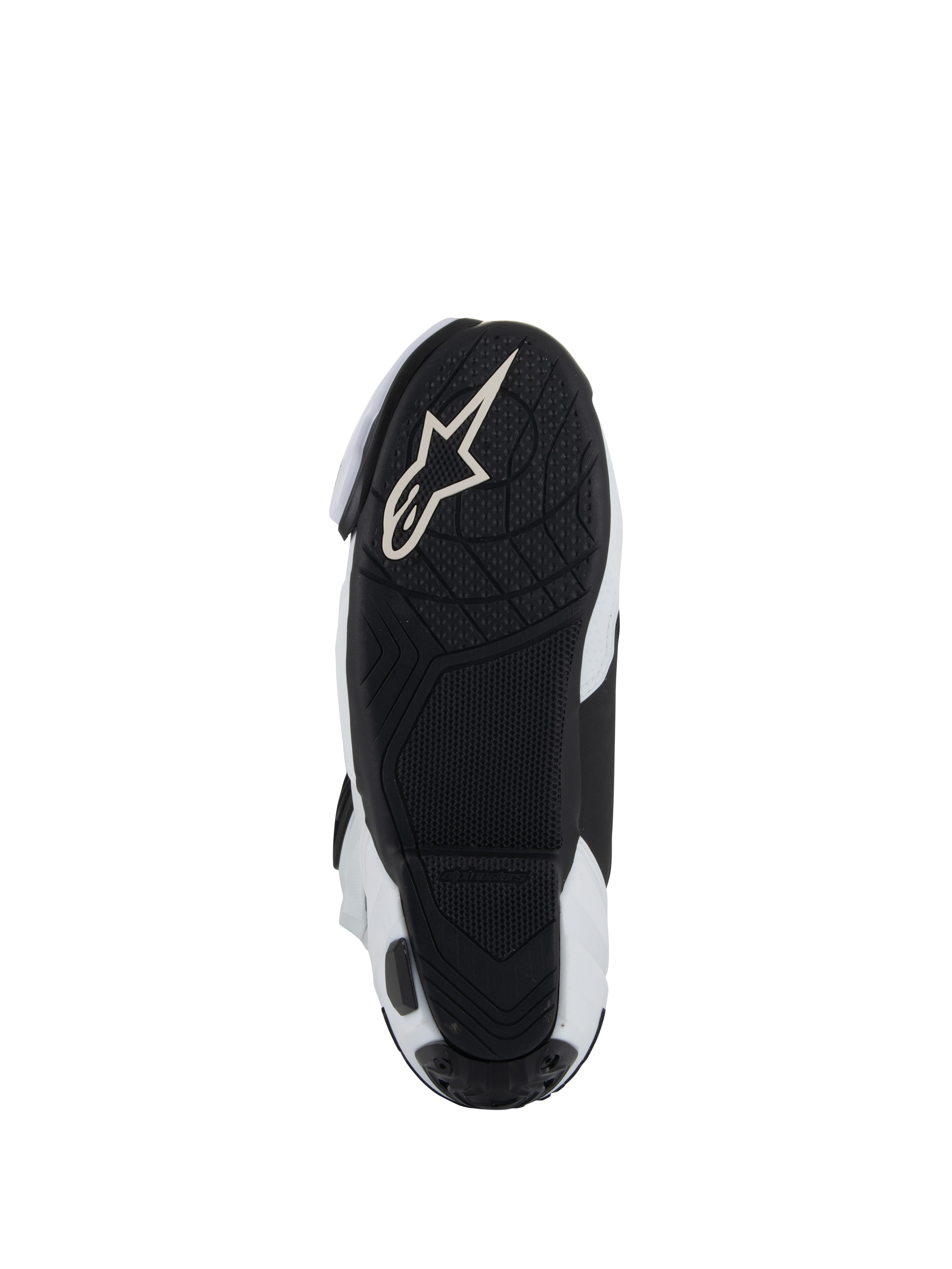 Semelle des bottes Alpinestars Supertech R Vented, semelle extérieure en caoutchouc léger noir avec relief texturé pour l'adhérence sur les repose-pieds, logo Alpinestars Astar blanc, coloris blanc et noir