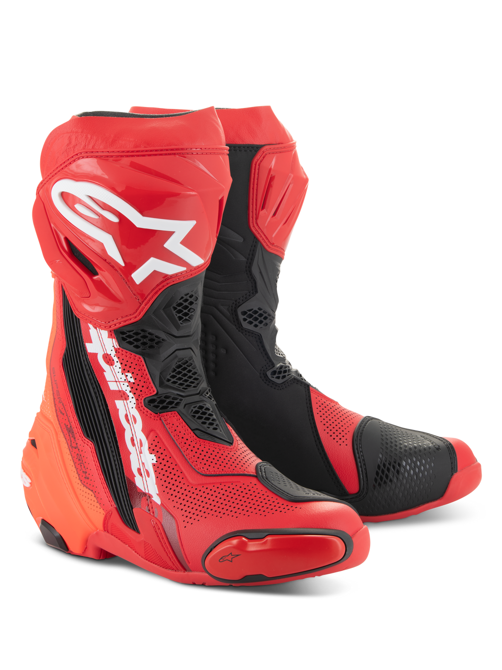 Bottes Alpinestars Supertech R Ventilées, rouge vif et noir, bottes de moto de course haute performance avec perforations étendues, logo A-star blanc sur le tibia et panneaux de protection en TPU durables