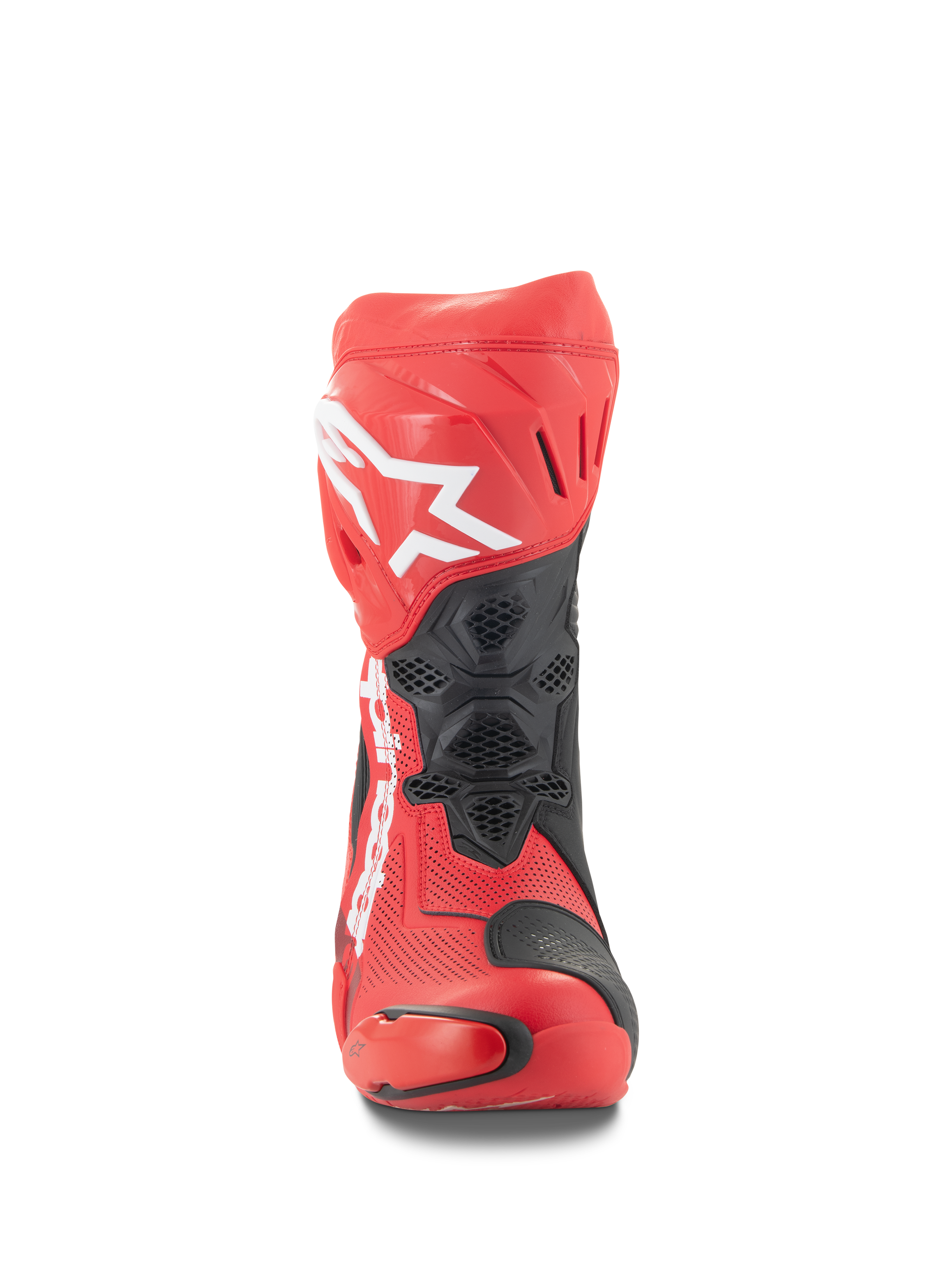 Bottes Alpinestars Supertech R Ventilées, vue de face, rouge vif et rouge fluo avec accents noirs, logo Alpinestars blanc sur le tibia, construction en microfibre perforée pour la circulation de l'air, et panneaux de protection en TPU pour la course