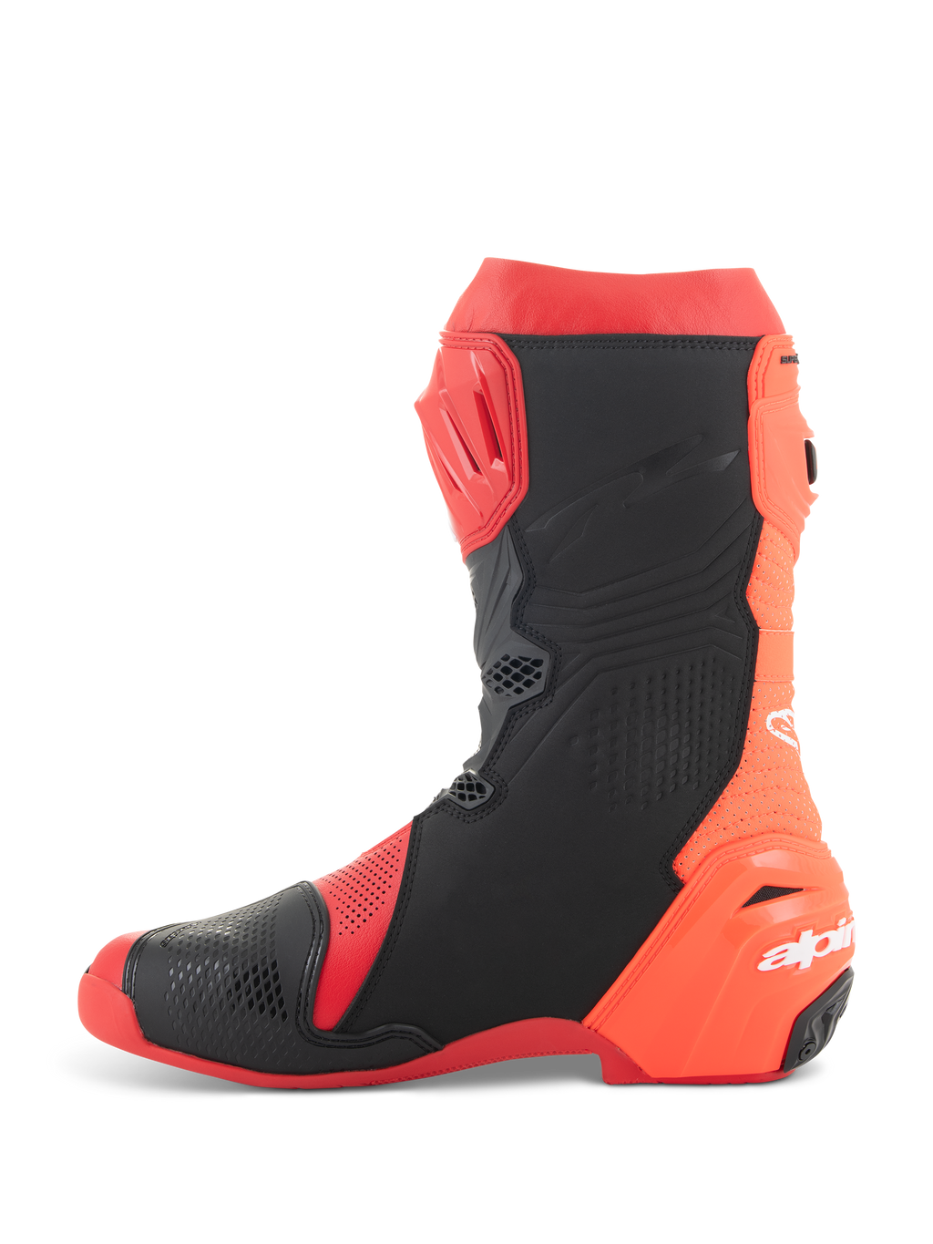 Bottes Alpinestars Supertech R Ventilées, bottes de moto de course, rouge éclatant et rouge fluo avec accents noirs, vue latérale présentant de larges perforations pour un flux d'air maximal et des panneaux de protection en TPU.