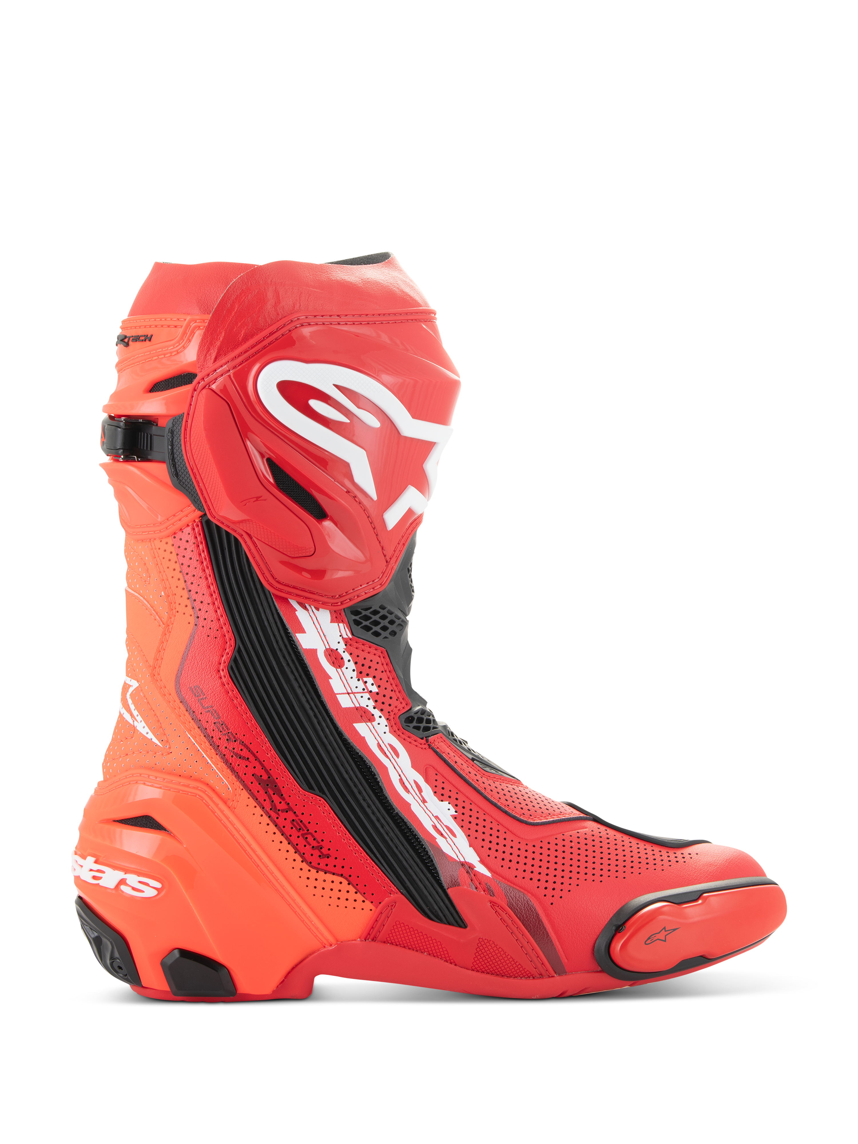 Bottes Alpinestars Supertech R Vented, bottes de moto pour la course, rouge vif et rouge fluo avec accents blancs et noirs, vue de profil montrant des perforations étendues pour la respirabilité, logo Astar blanc sur le tibia, sliders d'orteil et de talon en TPU, chaussures de piste de qualité professionnelle