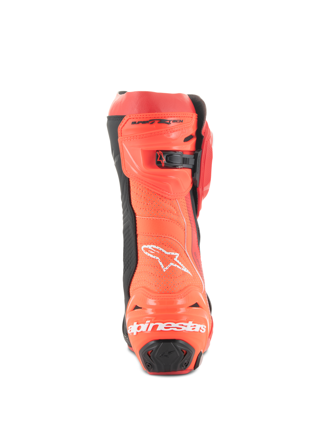 Bottes Alpinestars Supertech R Vented, bottes de moto de course, rouge vif et rouge fluo, vue arrière avec construction perforée pour la ventilation, protections de talon en TPU et logo Alpinestars blanc
