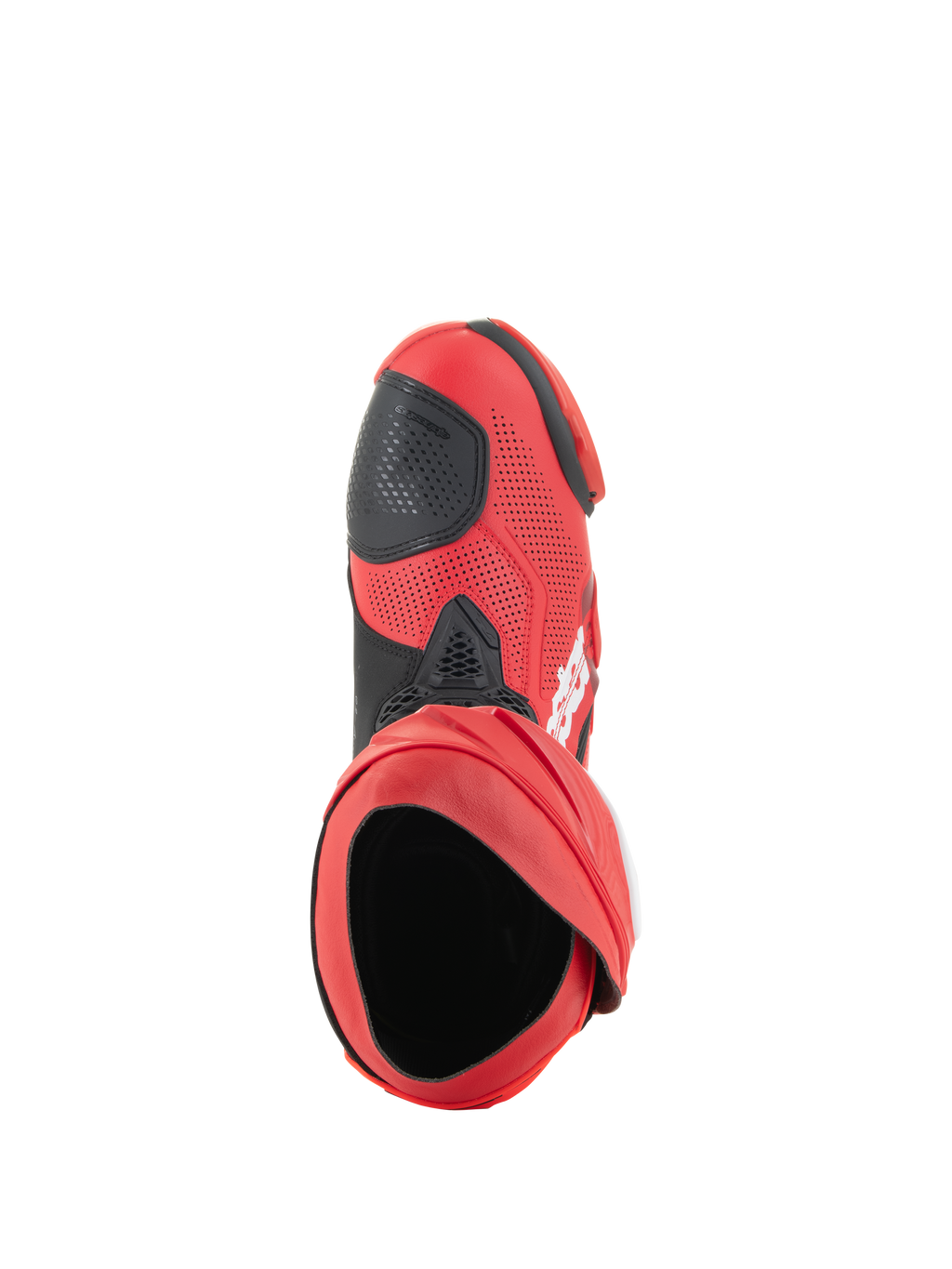 Bottes Alpinestars Supertech R Ventilées, bottes de course, Rouge Vif et Rouge Fluo, vue de dessus montrant l'ouverture de la botte, tige en microfibre perforée avec renfort de sélecteur noir, équipement de course professionnel pour piste et route