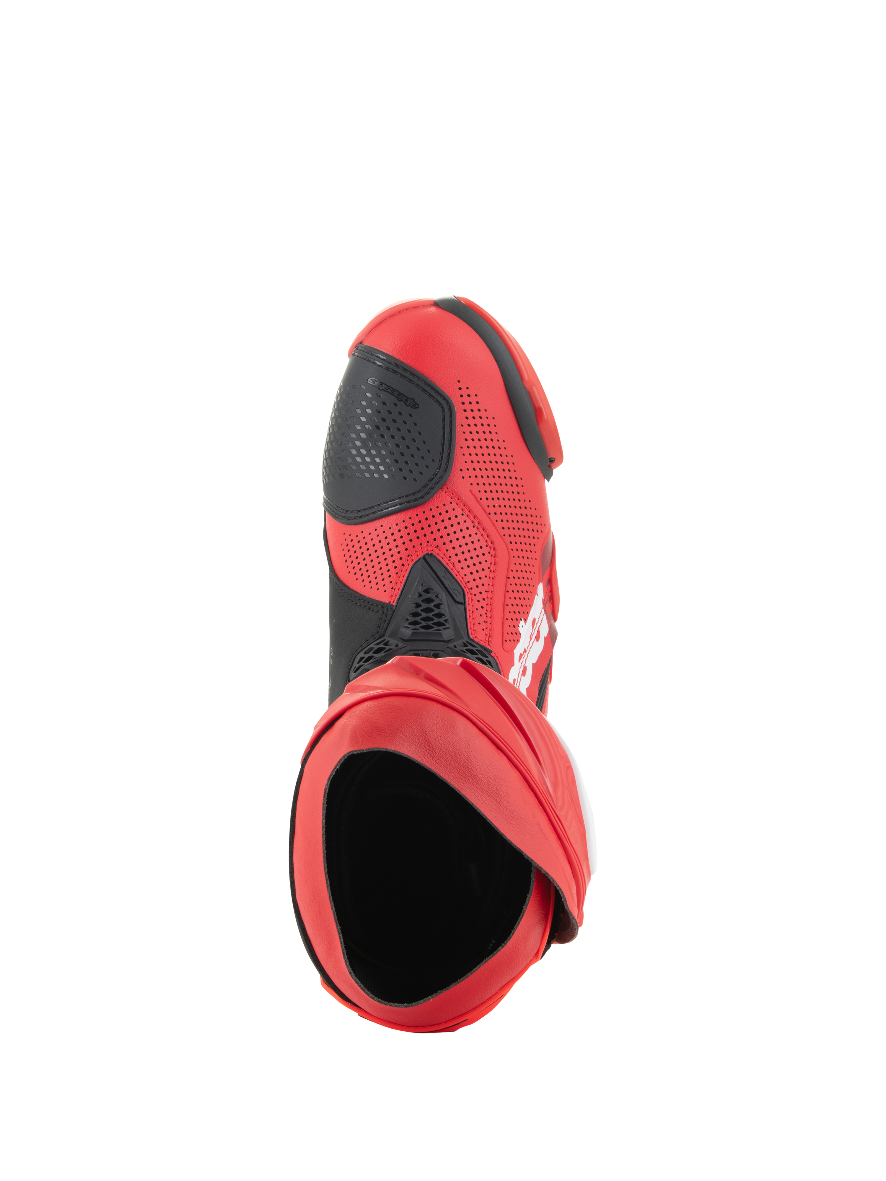 Bottes Alpinestars Supertech R Ventilées, bottes de course, Rouge Vif et Rouge Fluo, vue de dessus montrant l'ouverture de la botte, tige en microfibre perforée avec renfort de sélecteur noir, équipement de course professionnel pour piste et route