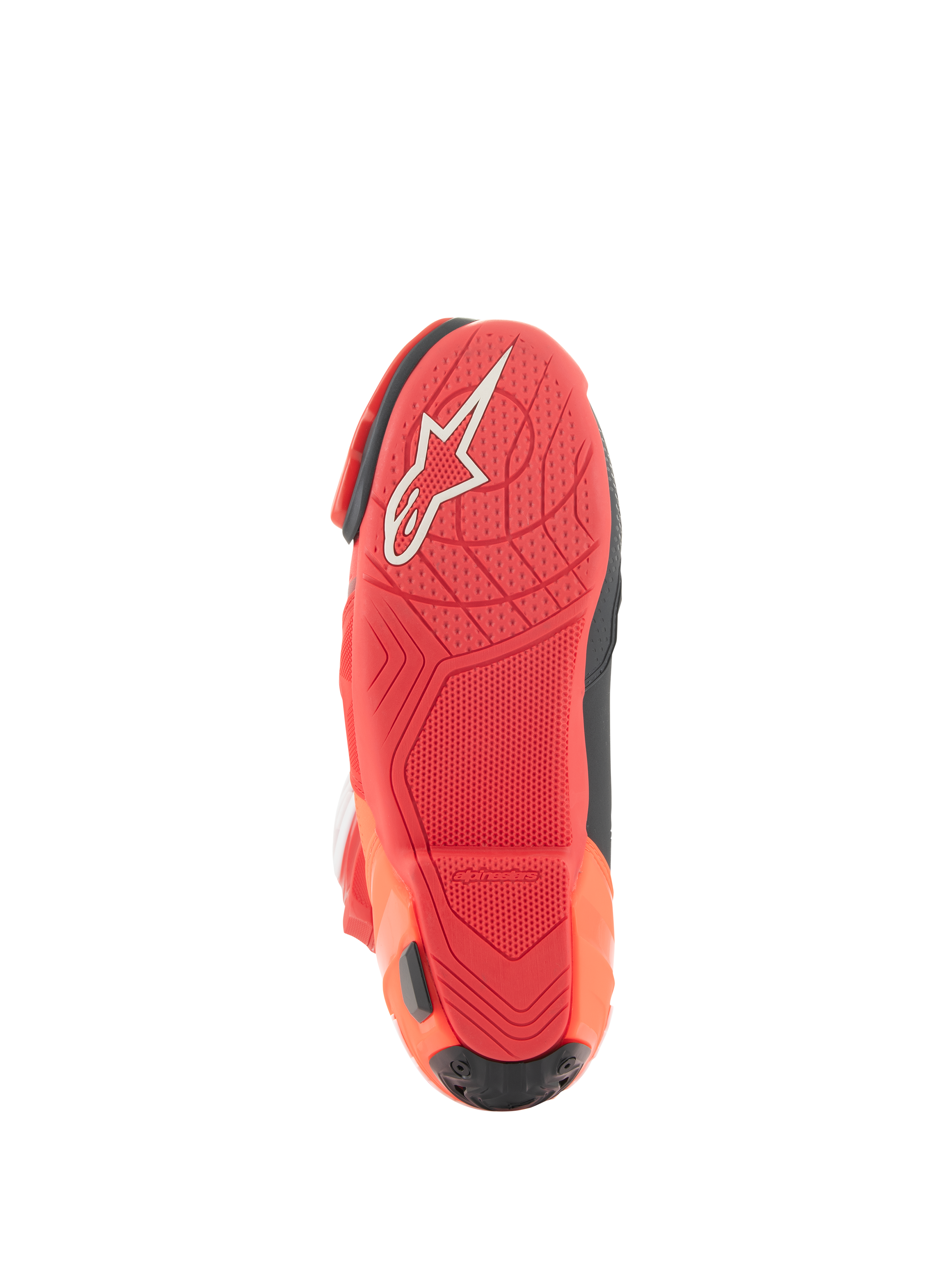 Bottes Alpinestars Supertech R Ventilées, bottes de course, rouge vif et rouge fluo, vue de la semelle présentant un mélange de caoutchouc léger, logo Alpinestars blanc et motif d'adhérence texturé pour les repose-pieds de moto.