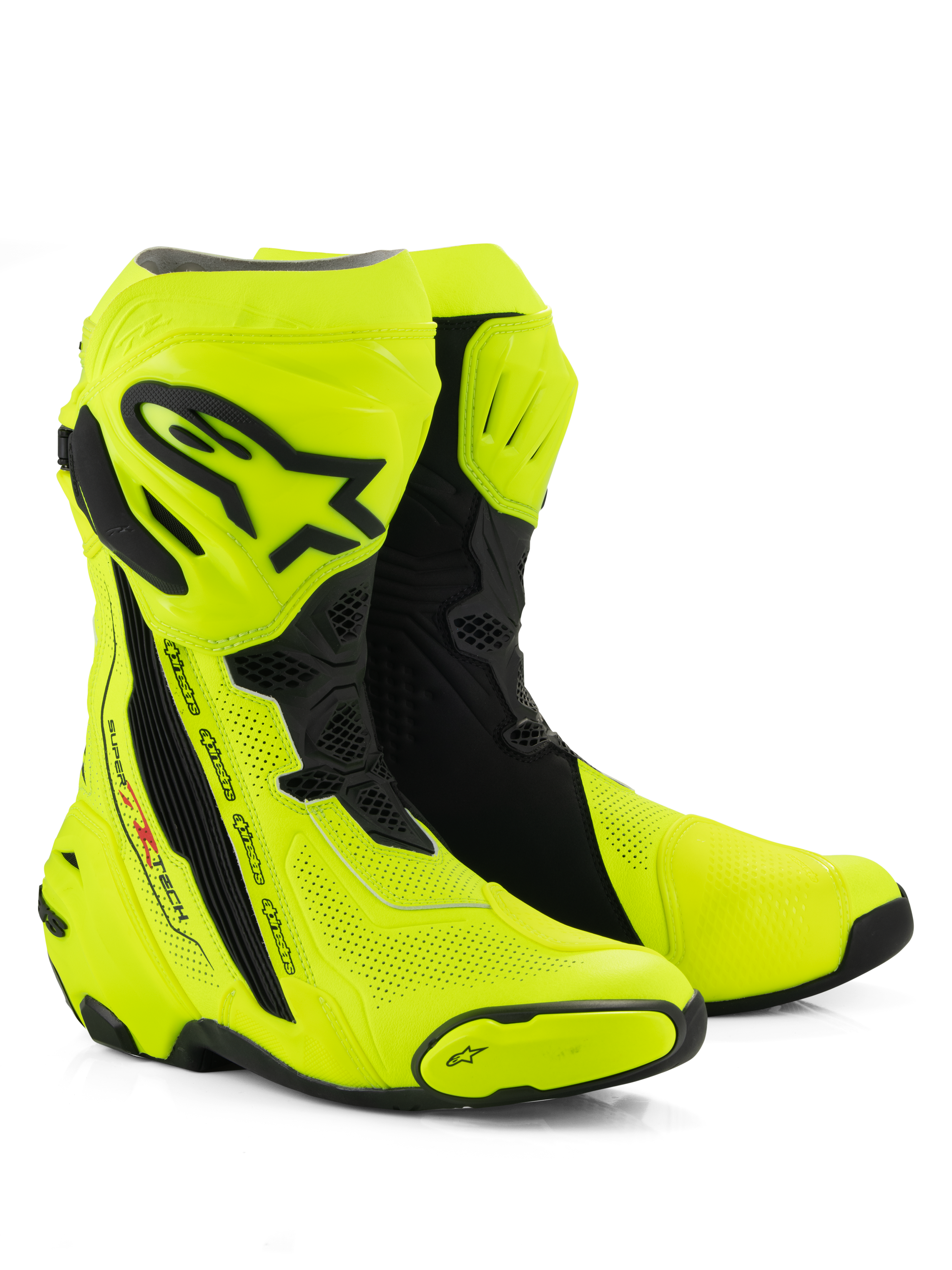 Alpinestars Supertech R Vented Boots, bottes de moto de course, jaune fluo et noir, avec perforations étendues pour la circulation de l'air, plaque de tibia et protections de talon en TPU noir, profil aérodynamique épuré pour une utilisation haute performance sur piste et sur route.
