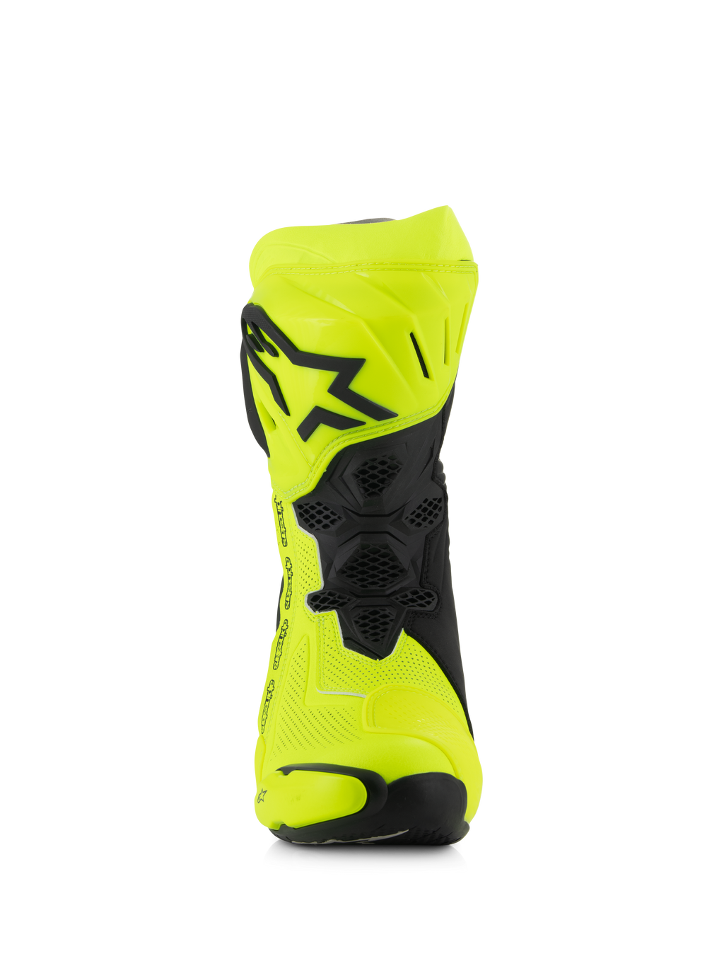 Alpinestars Supertech R Vented Boots, bottes de course moto, jaune fluo et noir, vue de face avec microfibre perforée, plaque de tibia en TPU avec logo étoile noir et maille de ventilation pour un flux d'air maximal.