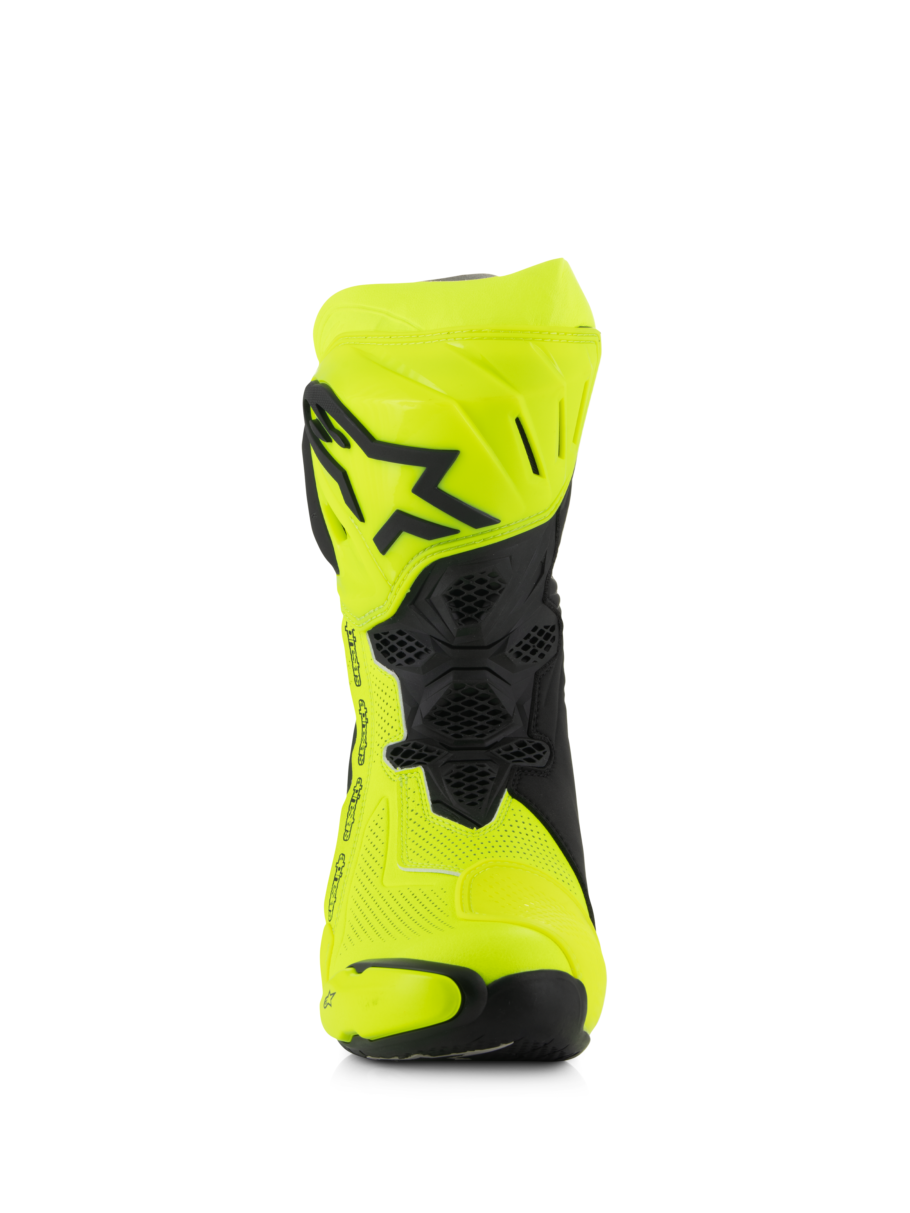 Alpinestars Supertech R Vented Boots, bottes de course moto, jaune fluo et noir, vue de face avec microfibre perforée, plaque de tibia en TPU avec logo étoile noir et maille de ventilation pour un flux d'air maximal.
