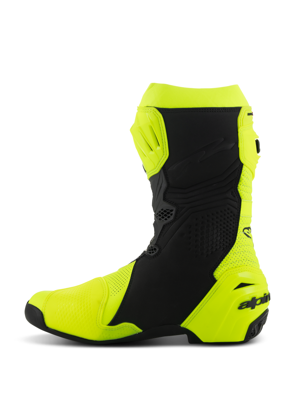Bottes Alpinestars Supertech R Ventilées, bottes de moto de course professionnelles, jaune fluo et noir, vue de profil du côté médial, construction en microfibre perforée pour une circulation d'air optimale, plaques de protection du tibia et du talon en TPU, design aérodynamique pour la conduite sur piste