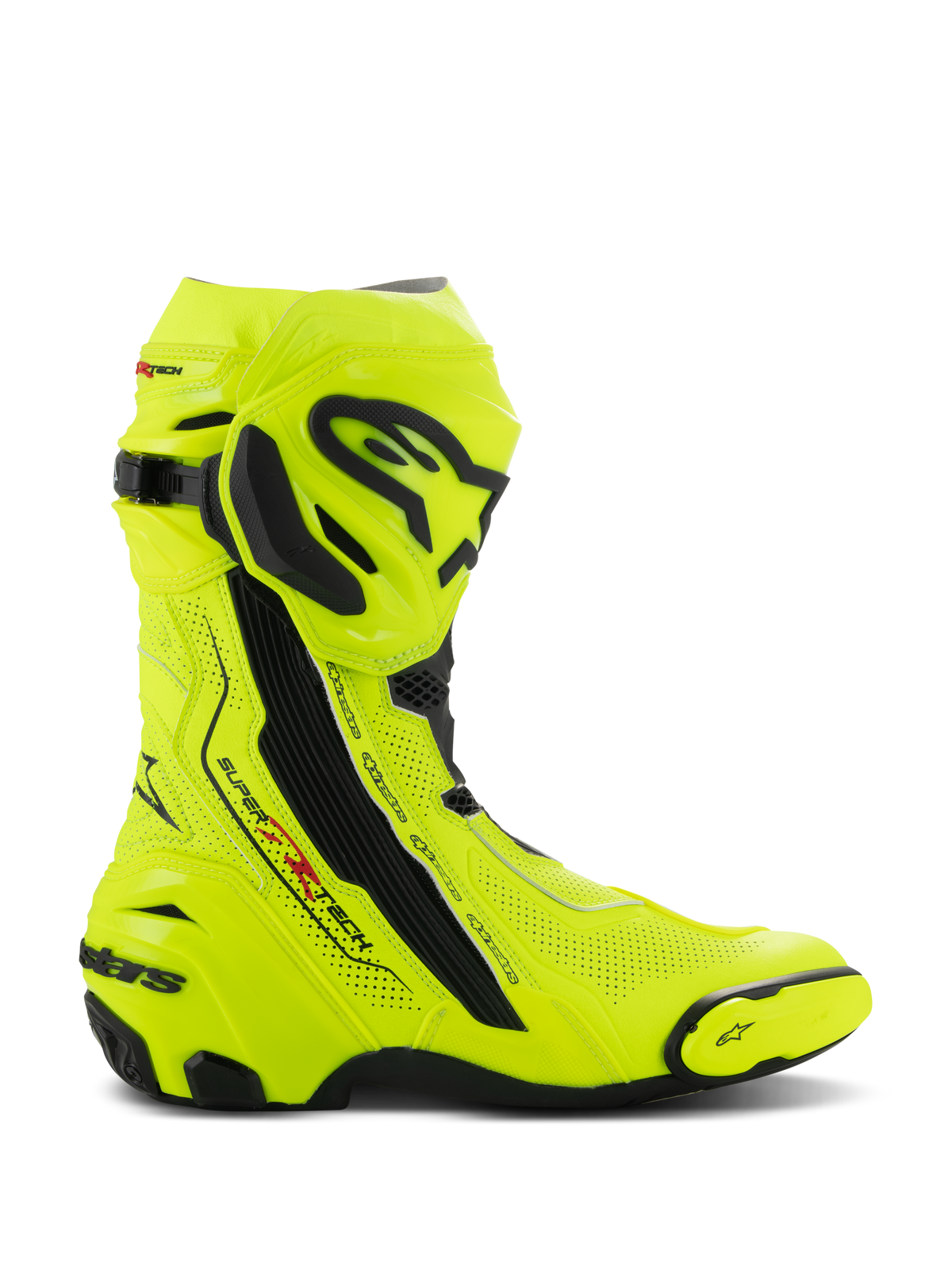 Alpinestars Supertech R Vented Boots, Motorcycle Racing Boots, Yellow Fluo and Black, laser-perforated microfiber upper for ventilation, TPU shin plate and replaceable toe slider, aerodynamic design with bold branding