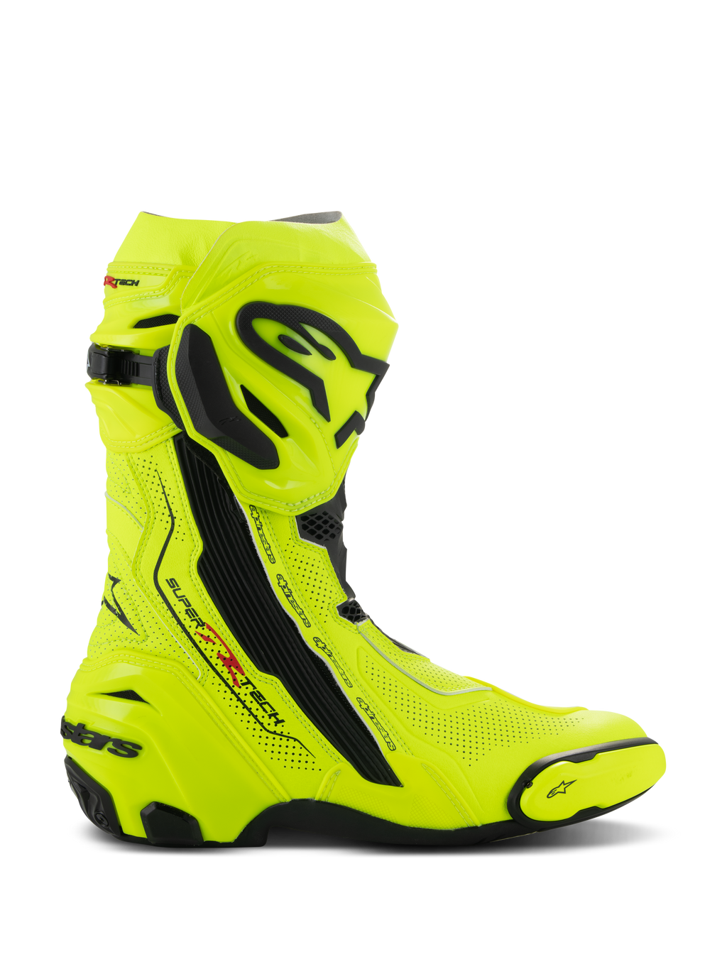 Bottes Alpinestars Supertech R Vented, bottes de course moto, jaune fluo et noir, tige en microfibre perforée au laser pour la ventilation, plaque de tibia en TPU et slider d'orteil remplaçable, design aérodynamique avec logos distinctifs